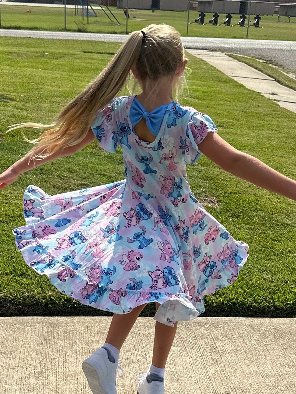 Blue Alien and Girlfriend Bow Back Twirl Dress
