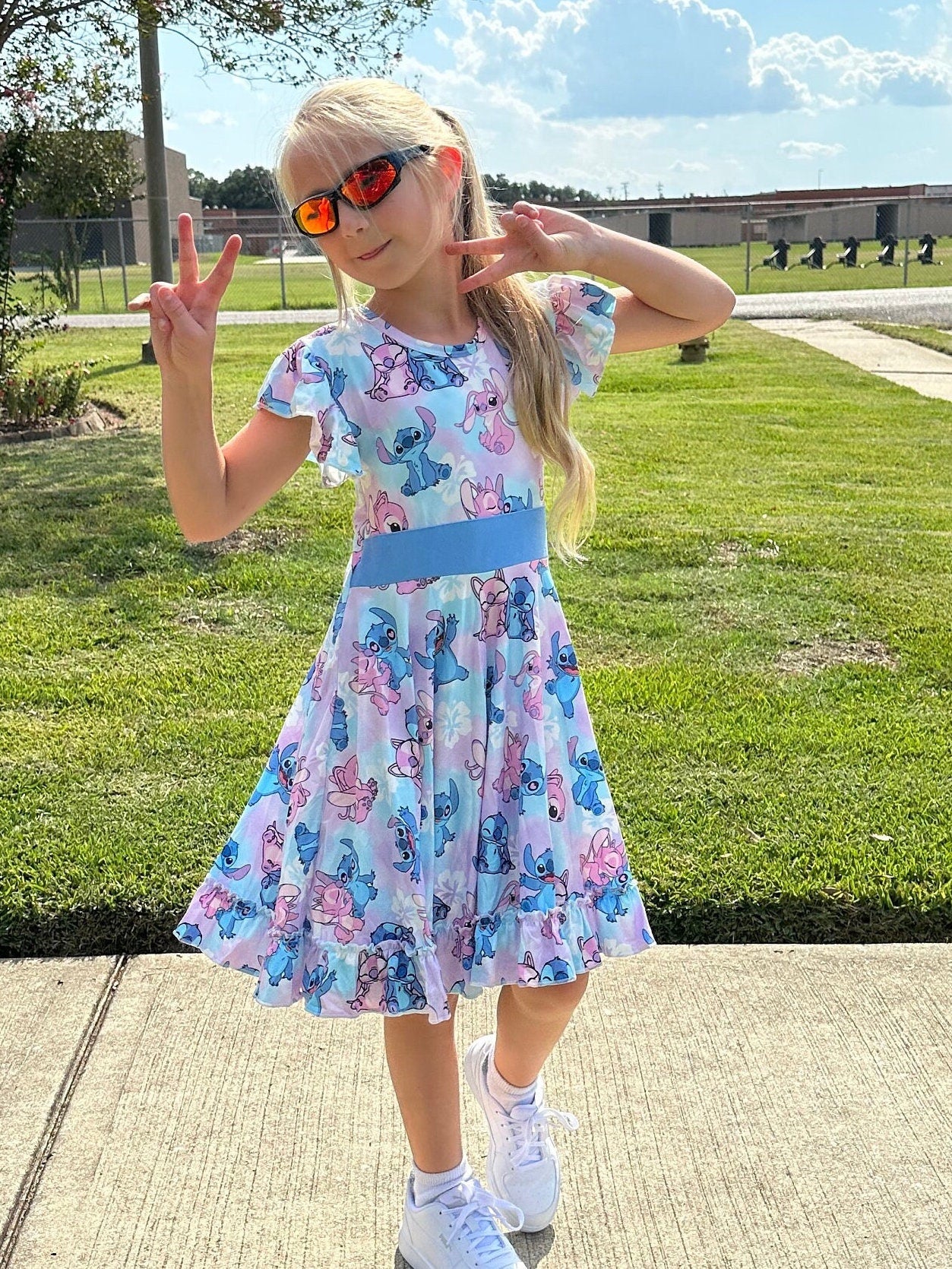 Blue Alien and Girlfriend Bow Back Twirl Dress