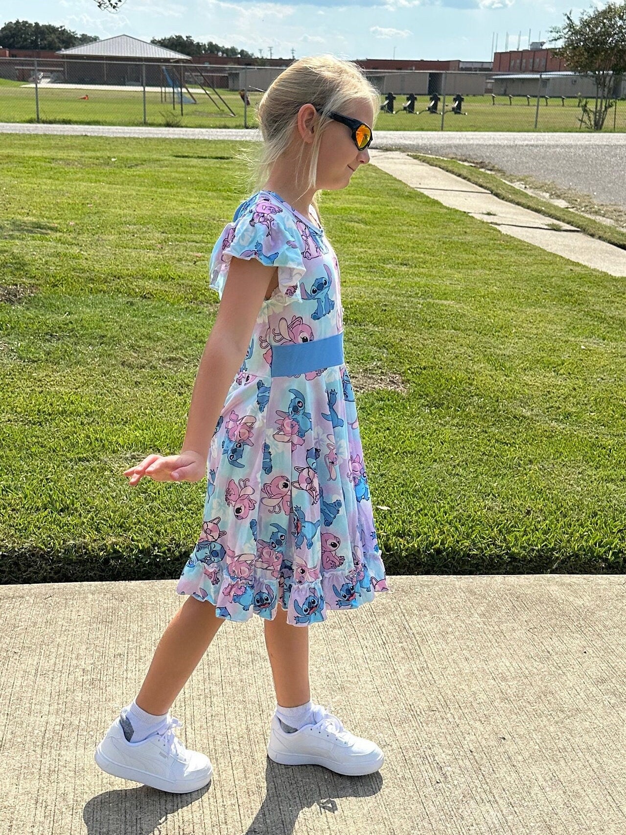 Blue Alien and Girlfriend Bow Back Twirl Dress