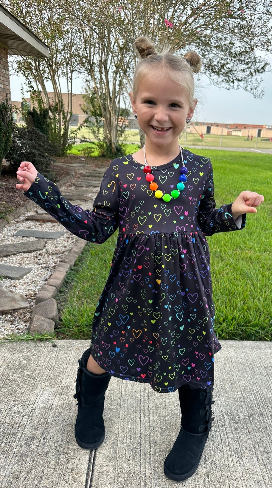 Rainbow Hearts Long Sleeve Dress