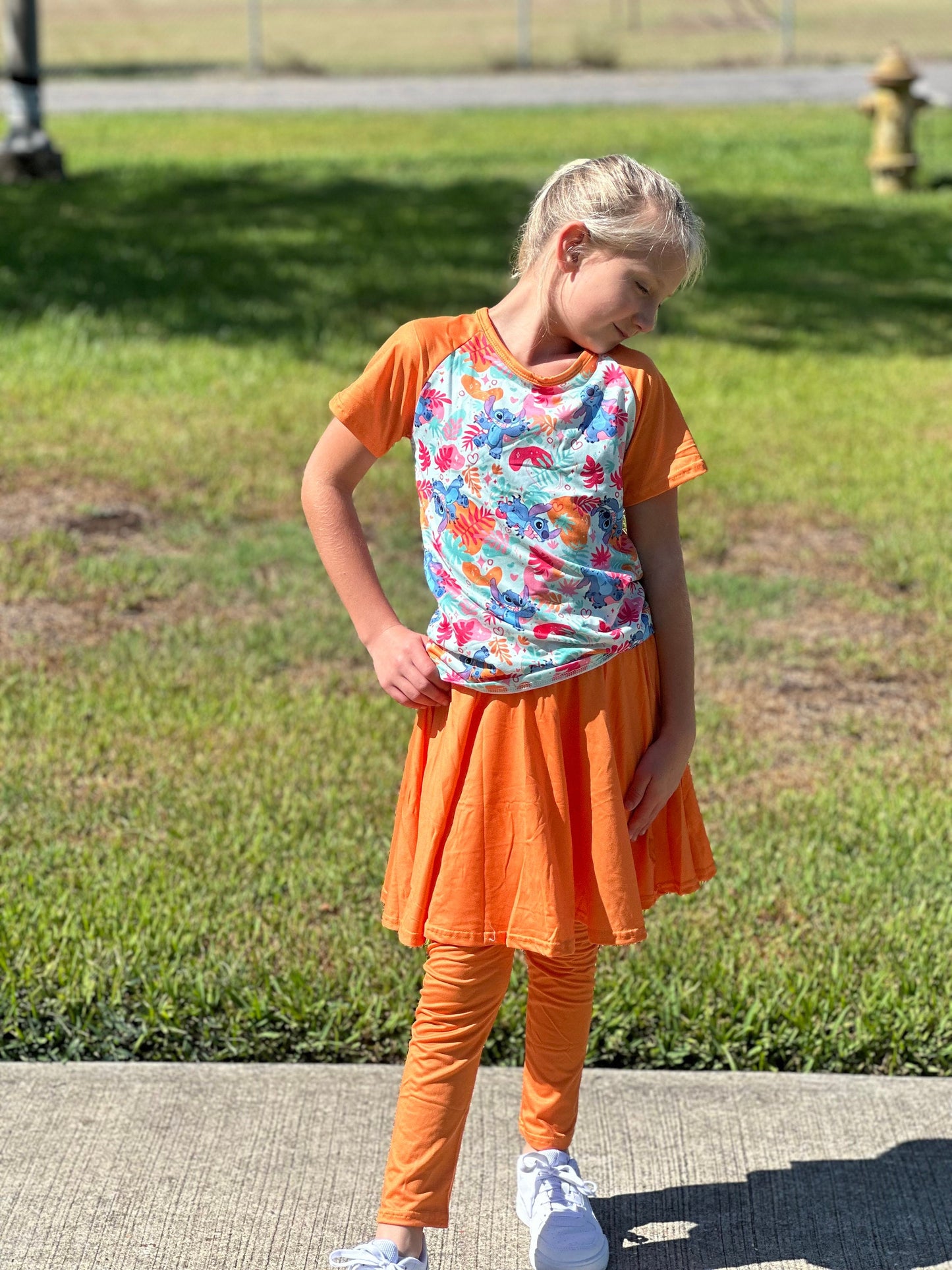 Orange Stitch twirl skirt leggings set