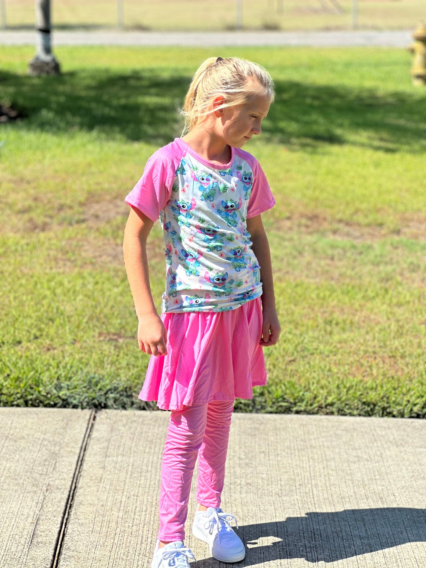 Pink dancing stitch twirl skirt leggings set