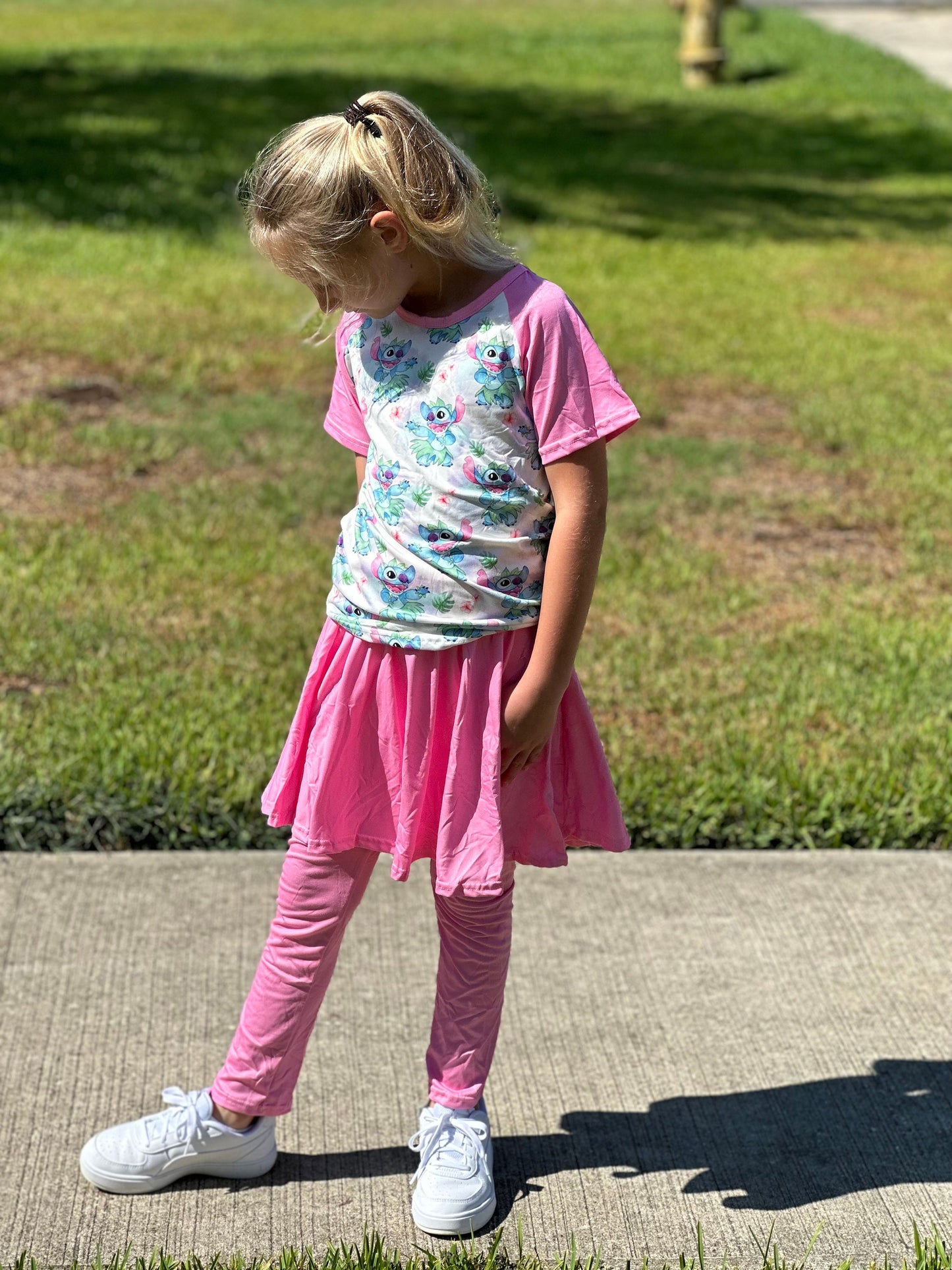 Pink dancing stitch twirl skirt leggings set