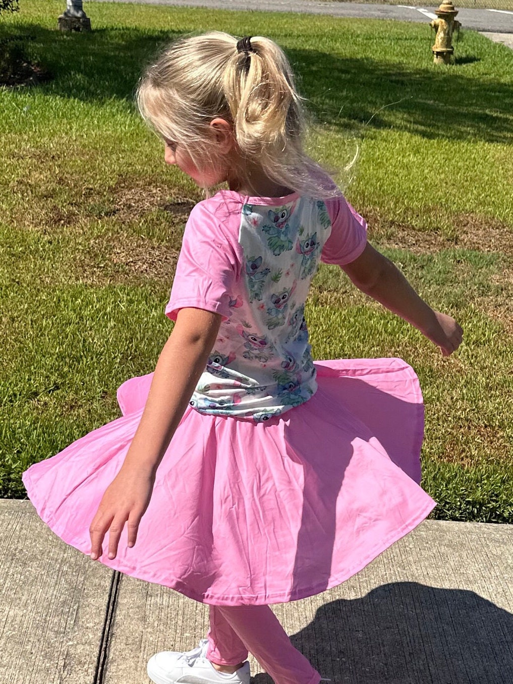 Pink dancing stitch twirl skirt leggings set