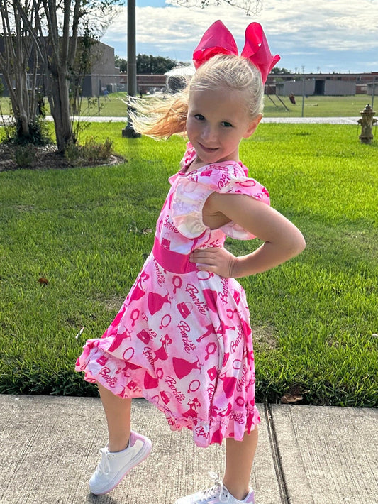 Pink and white Fancy Doll Bow Back Twirl Dress