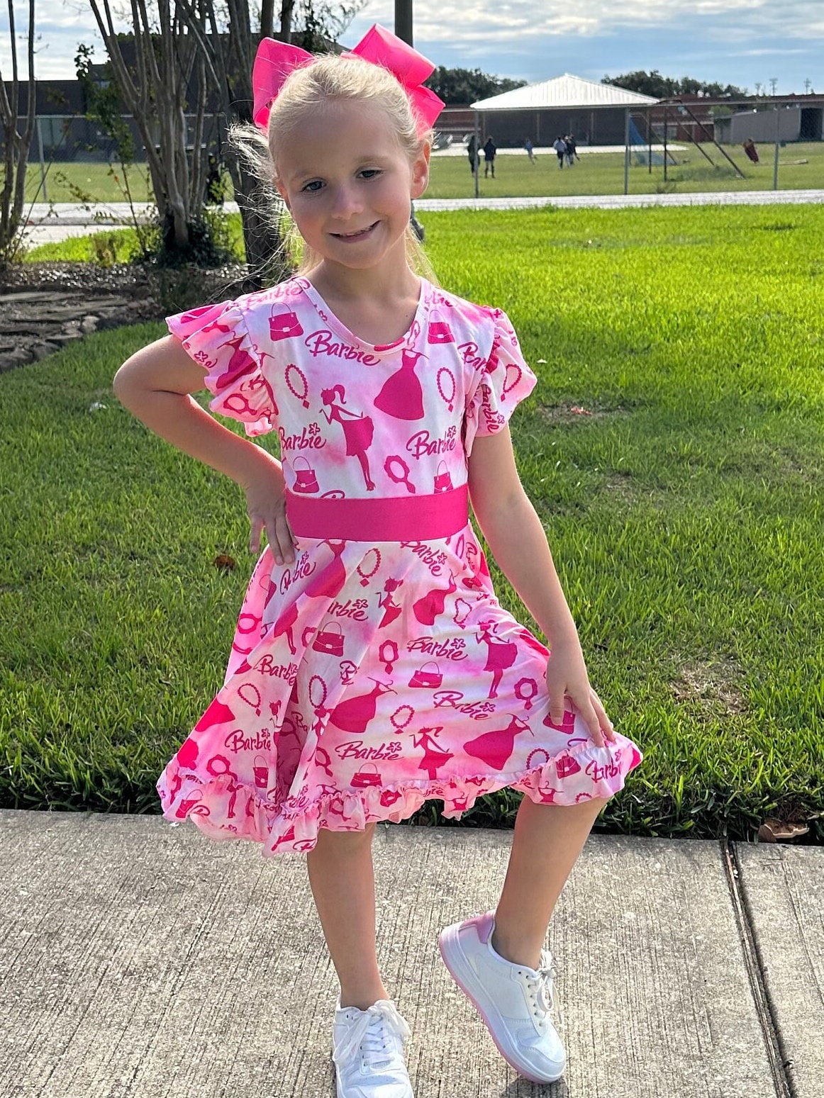 Pink and white Fancy Doll Bow Back Twirl Dress