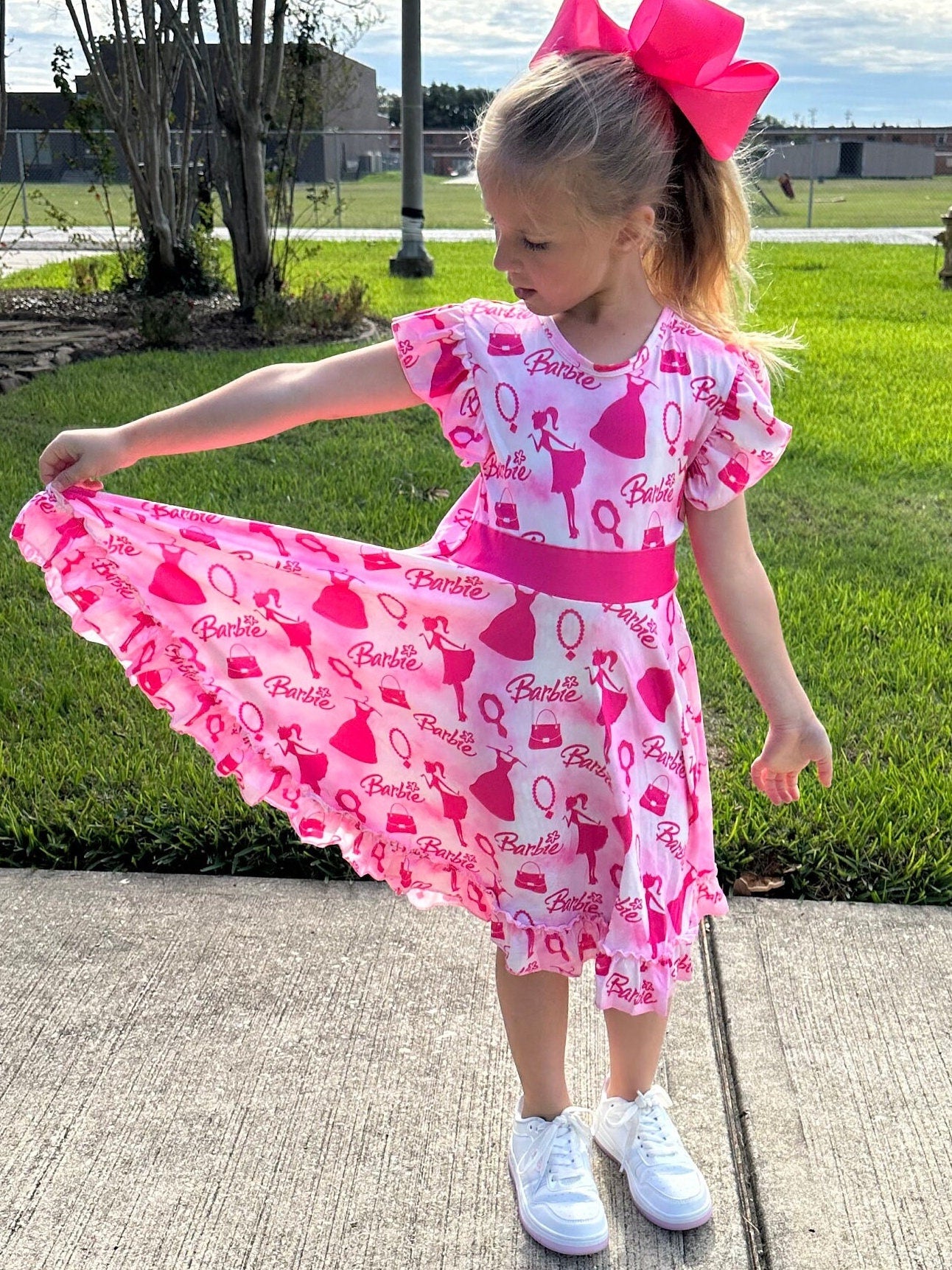 Pink and white Fancy Doll Bow Back Twirl Dress