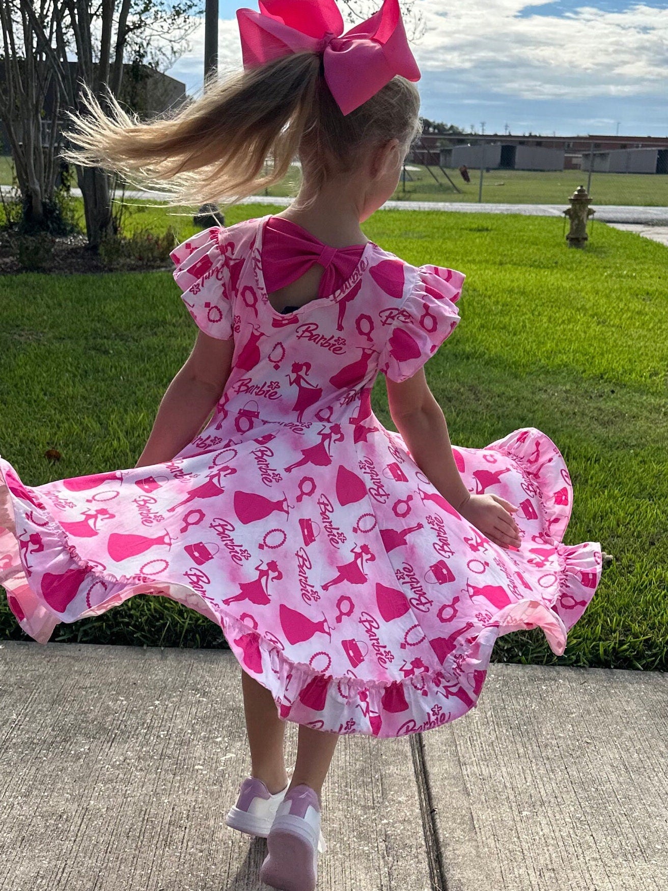 Pink and white Fancy Doll Bow Back Twirl Dress