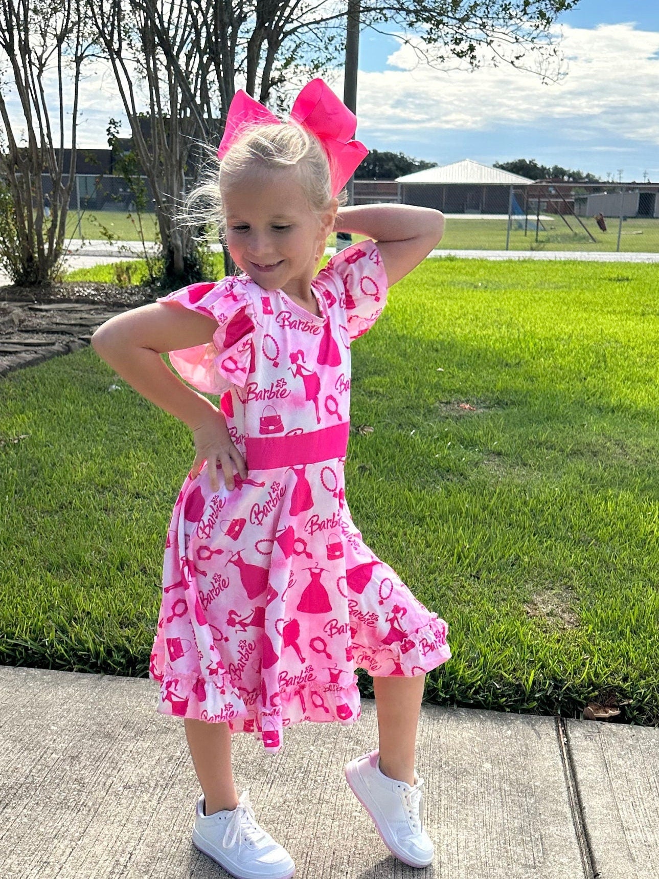 Pink and white Fancy Doll Bow Back Twirl Dress
