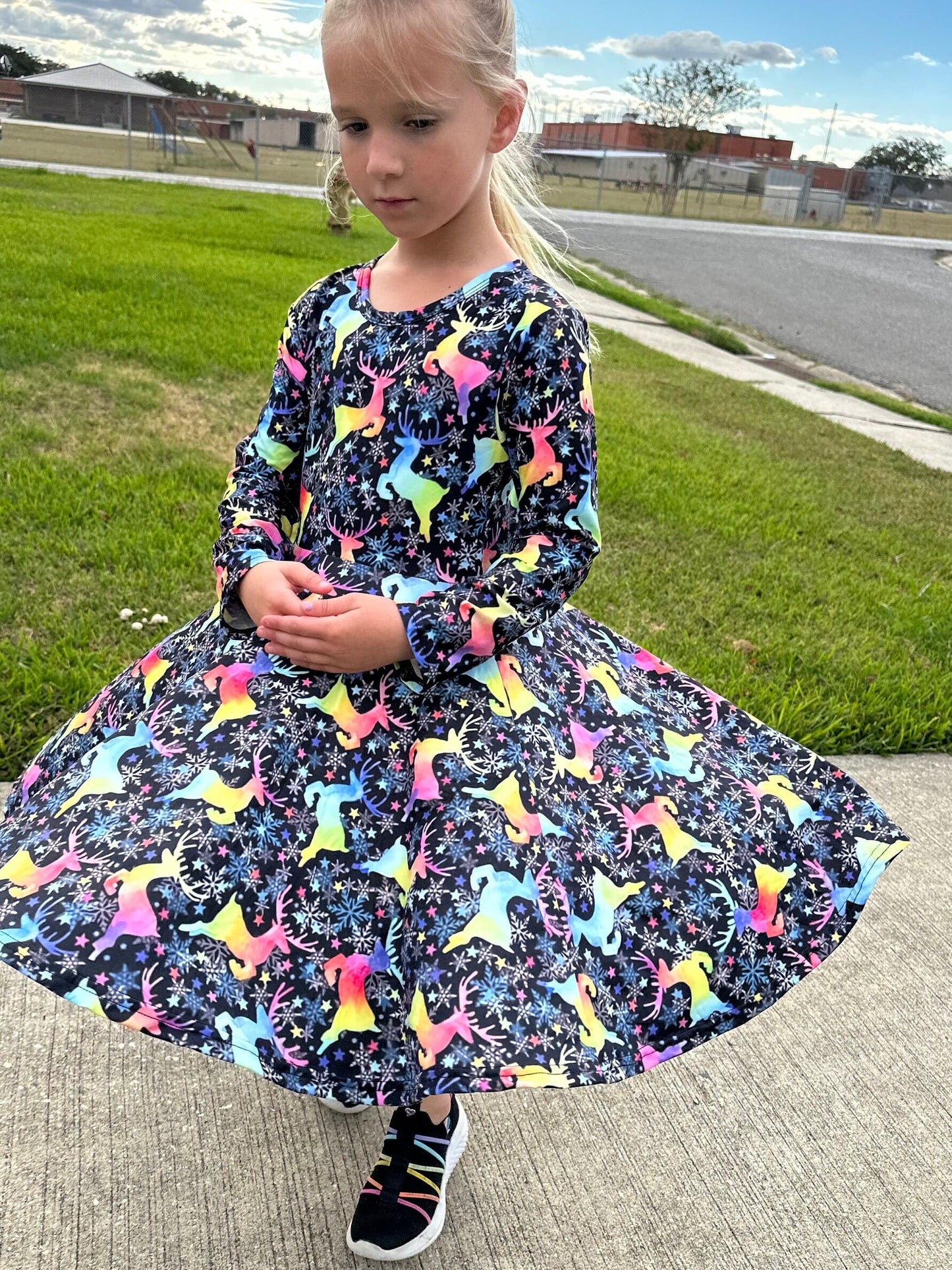Rainbow Deer Twirl Dress