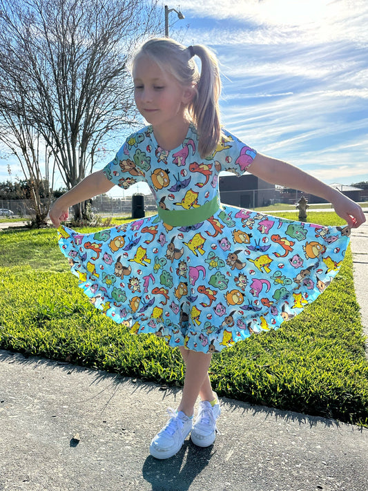 Blue Pocket Characters Twirl Dress