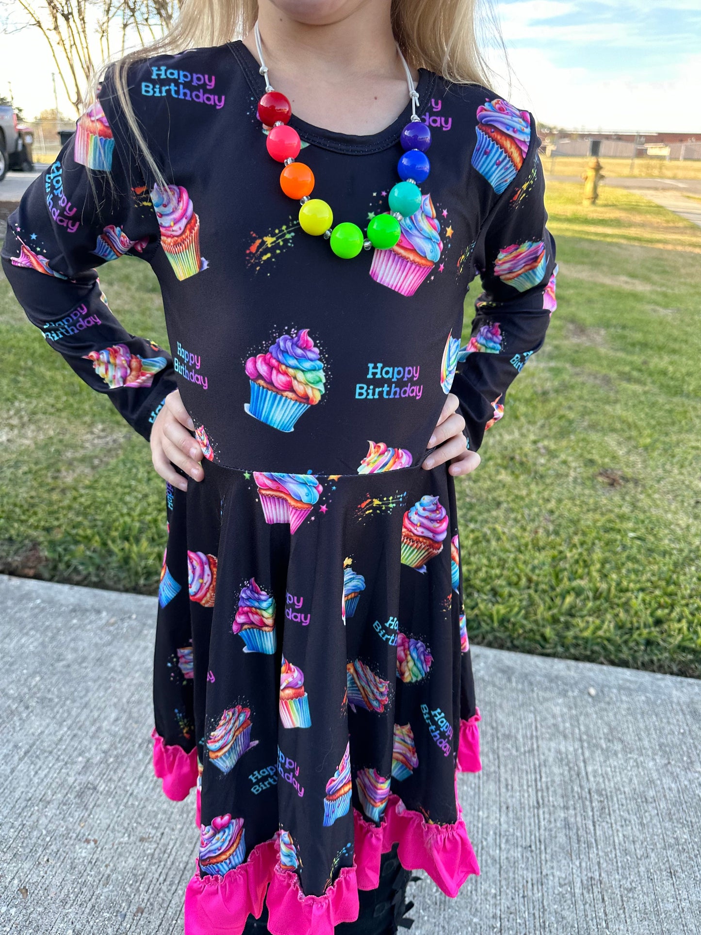 Rainbow Birthday Cupcakes Bow Back Twirl Dress