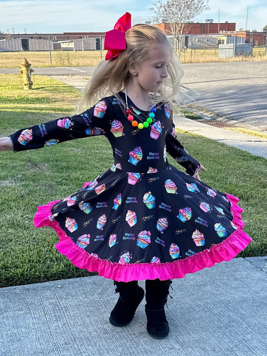 Rainbow Birthday Cupcakes Bow Back Twirl Dress