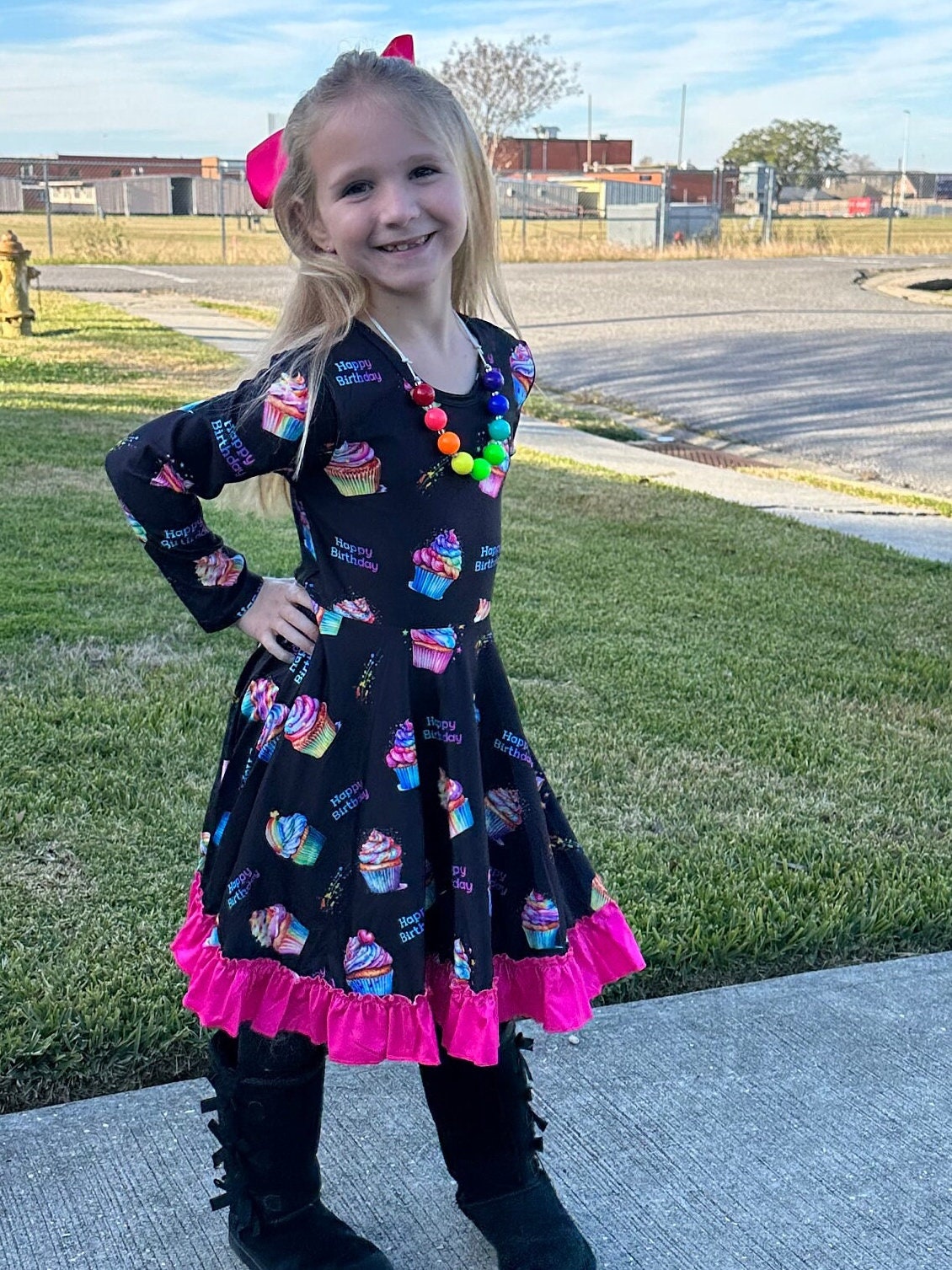 Rainbow Birthday Cupcakes Bow Back Twirl Dress