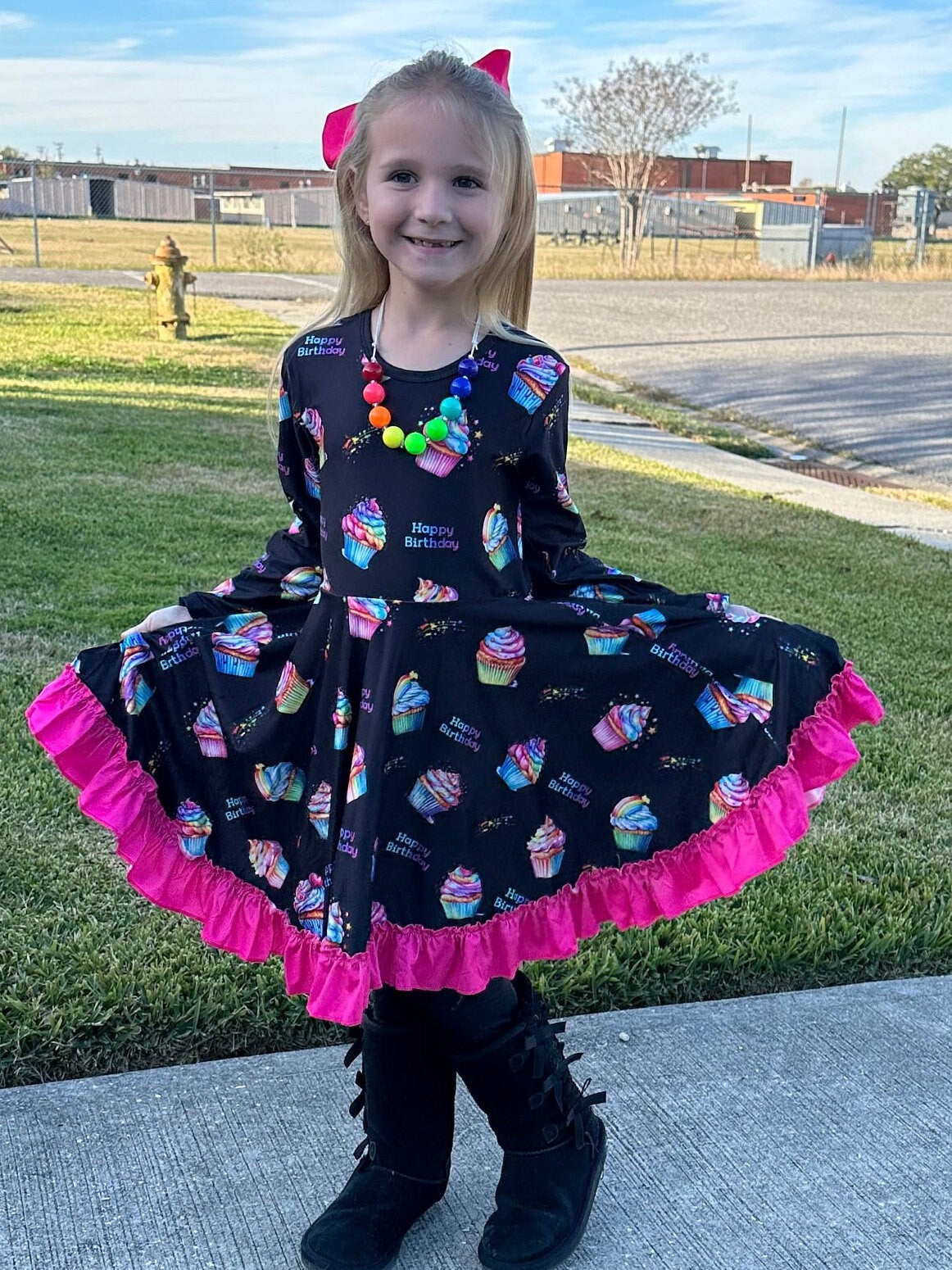 Rainbow Birthday Cupcakes Bow Back Twirl Dress