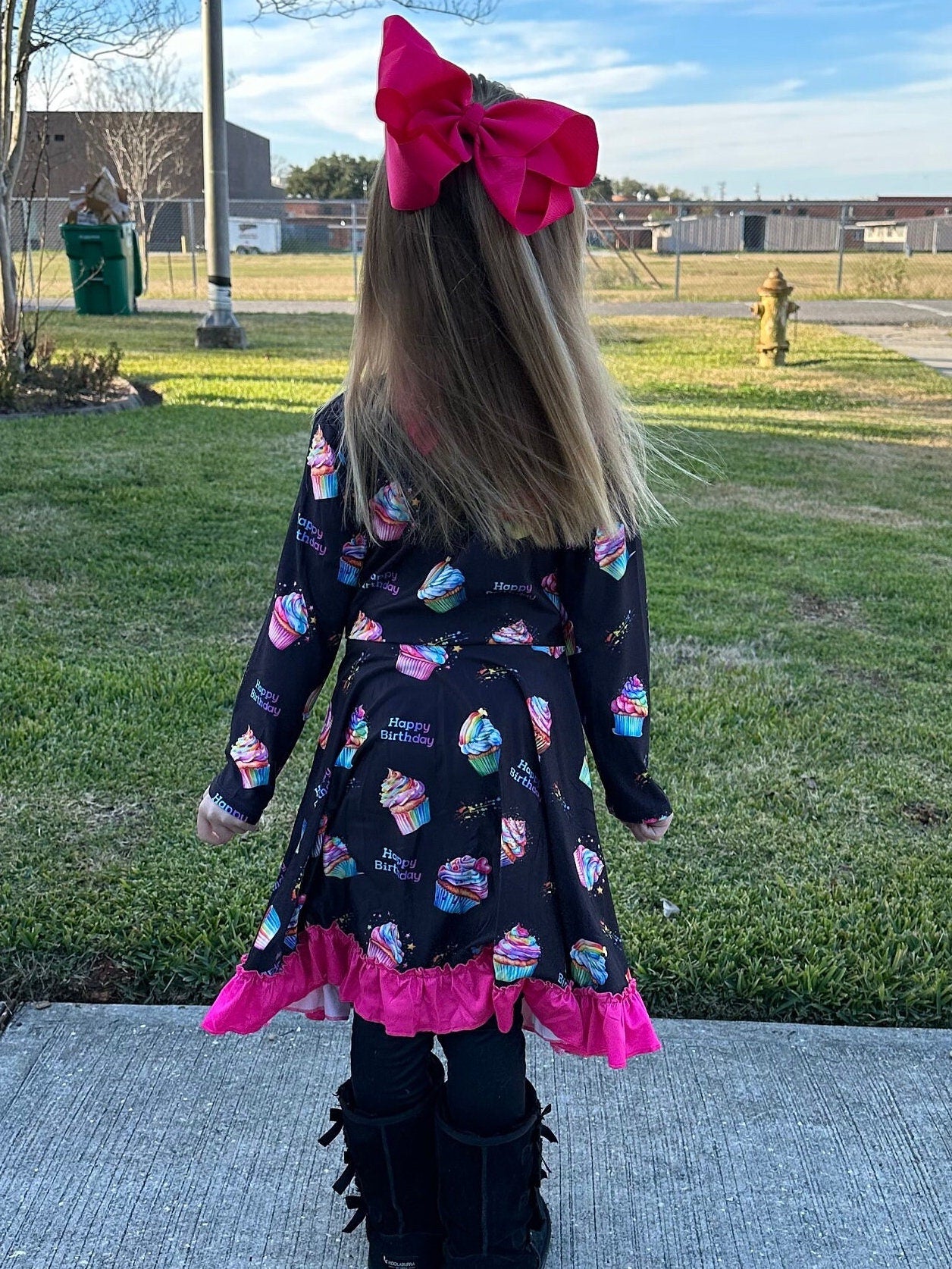 Rainbow Birthday Cupcakes Bow Back Twirl Dress