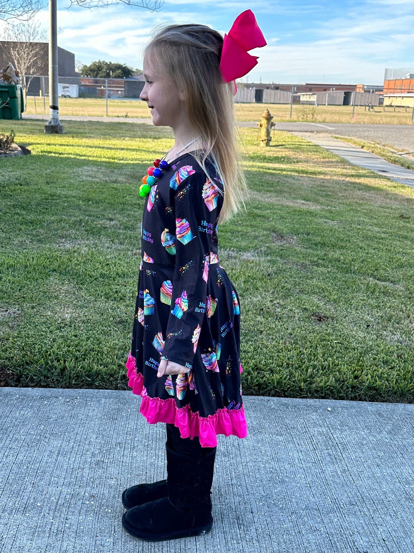 Rainbow Birthday Cupcakes Bow Back Twirl Dress