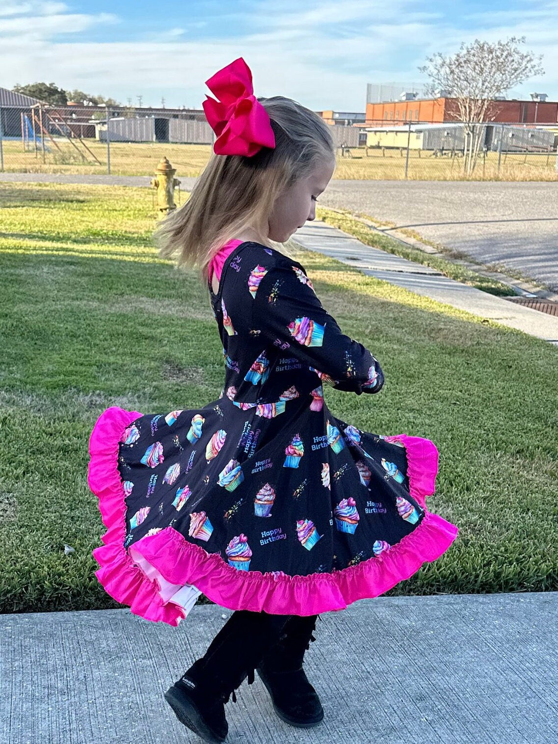 Rainbow Birthday Cupcakes Bow Back Twirl Dress