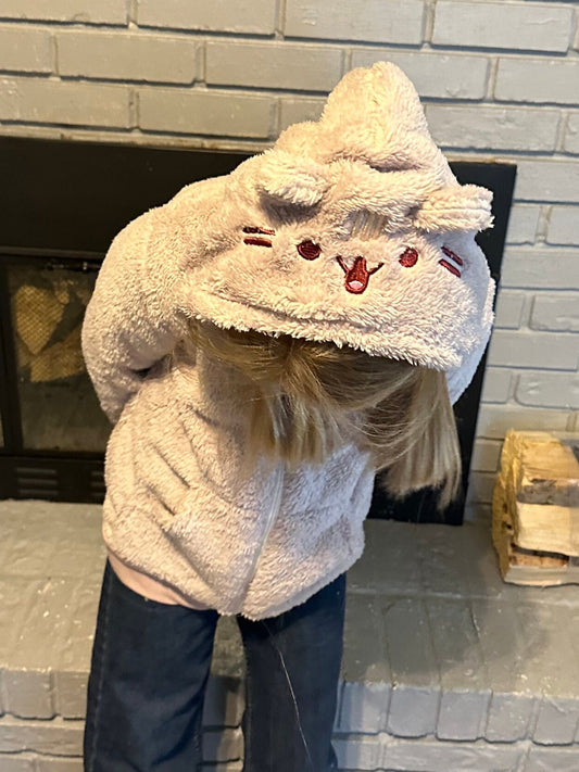 Tan Kitty Zip Up Fleece Hoodie