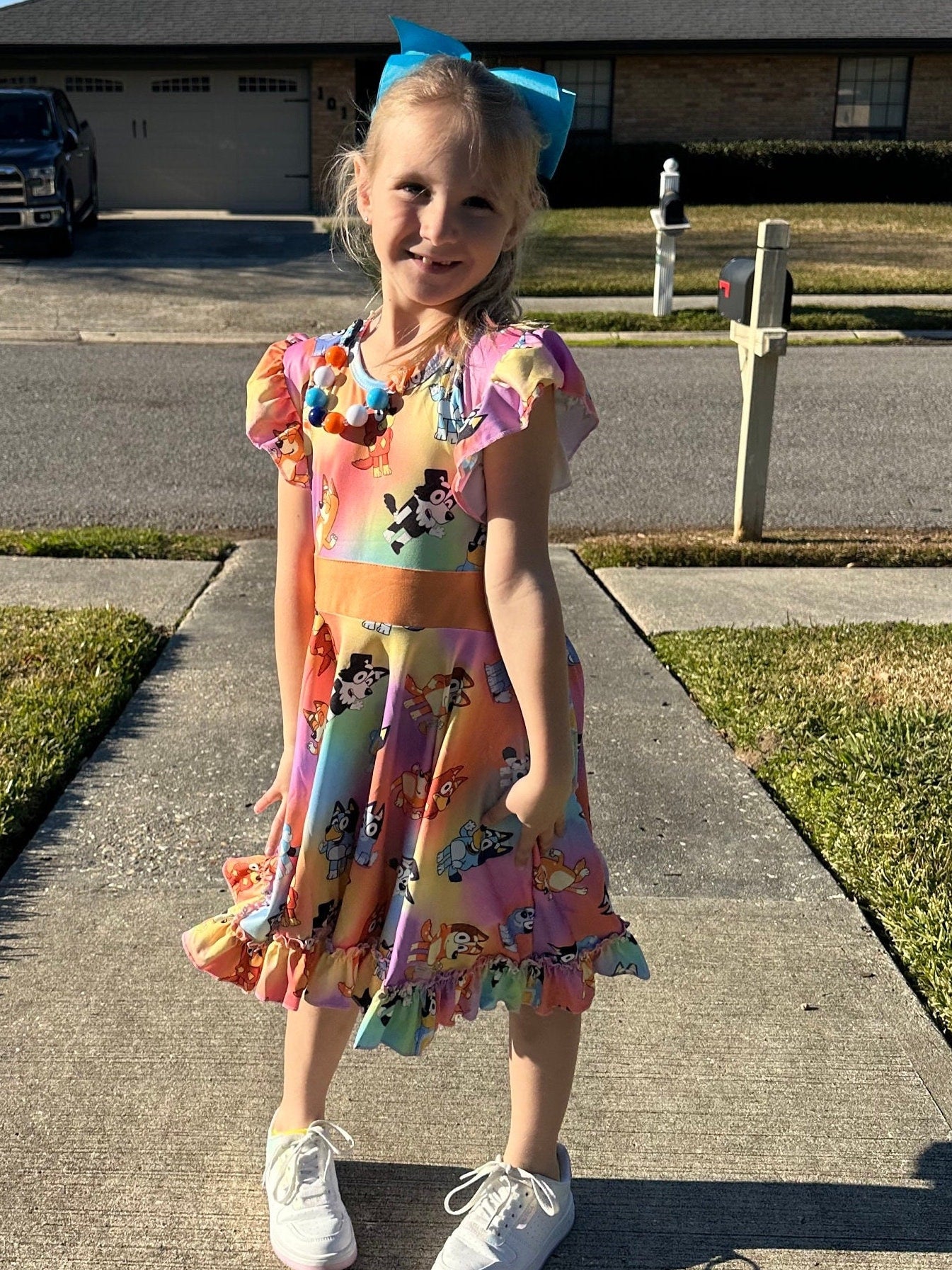Blue Dog and Friend Bow Back Twirl Dress