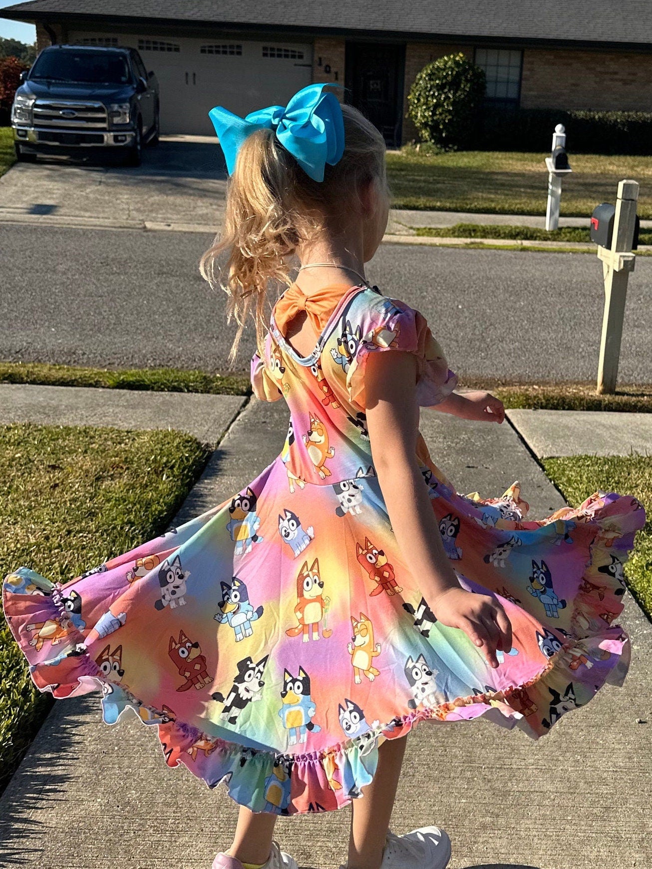 Blue Dog and Friend Bow Back Twirl Dress