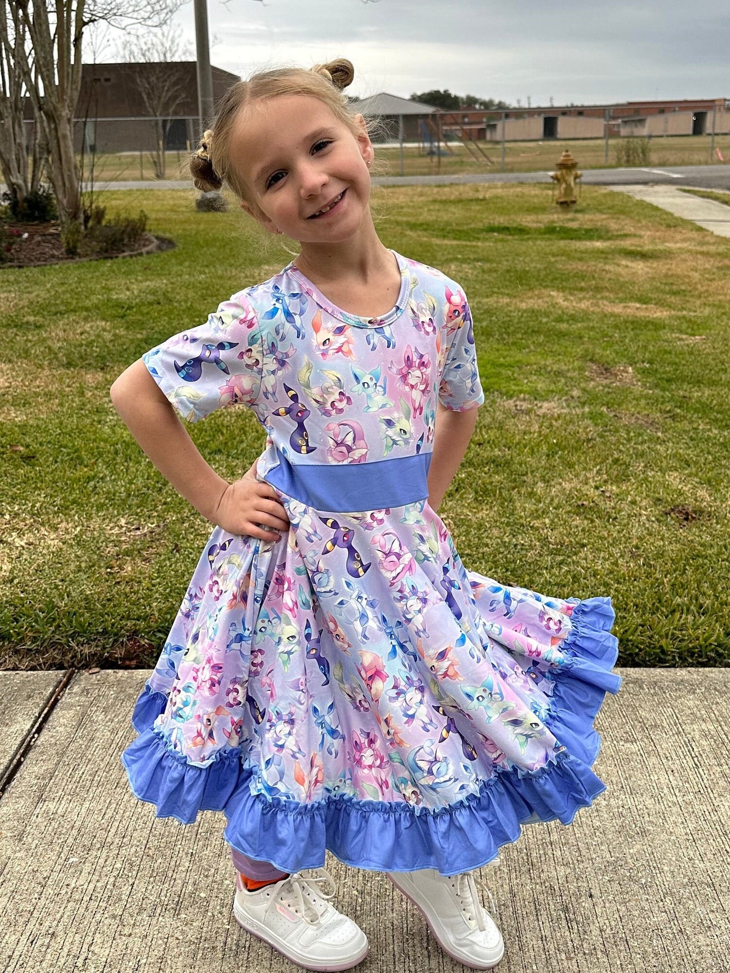 Blue Pocket Characters Twirl Dress