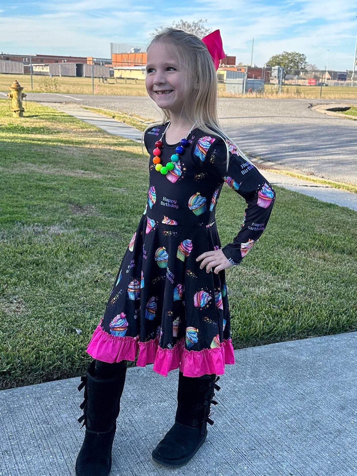 Rainbow Birthday Cupcakes Bow Back Twirl Dress