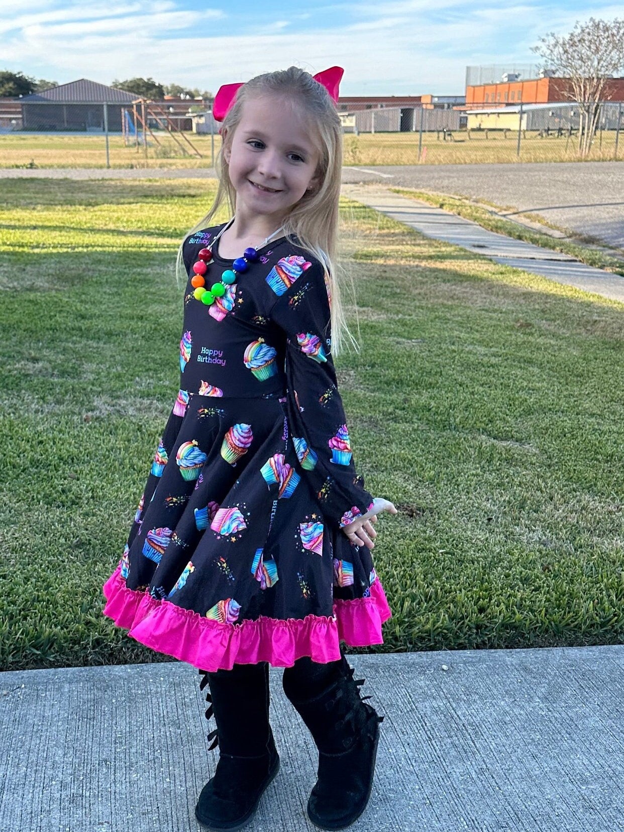 Rainbow Birthday Cupcakes Bow Back Twirl Dress