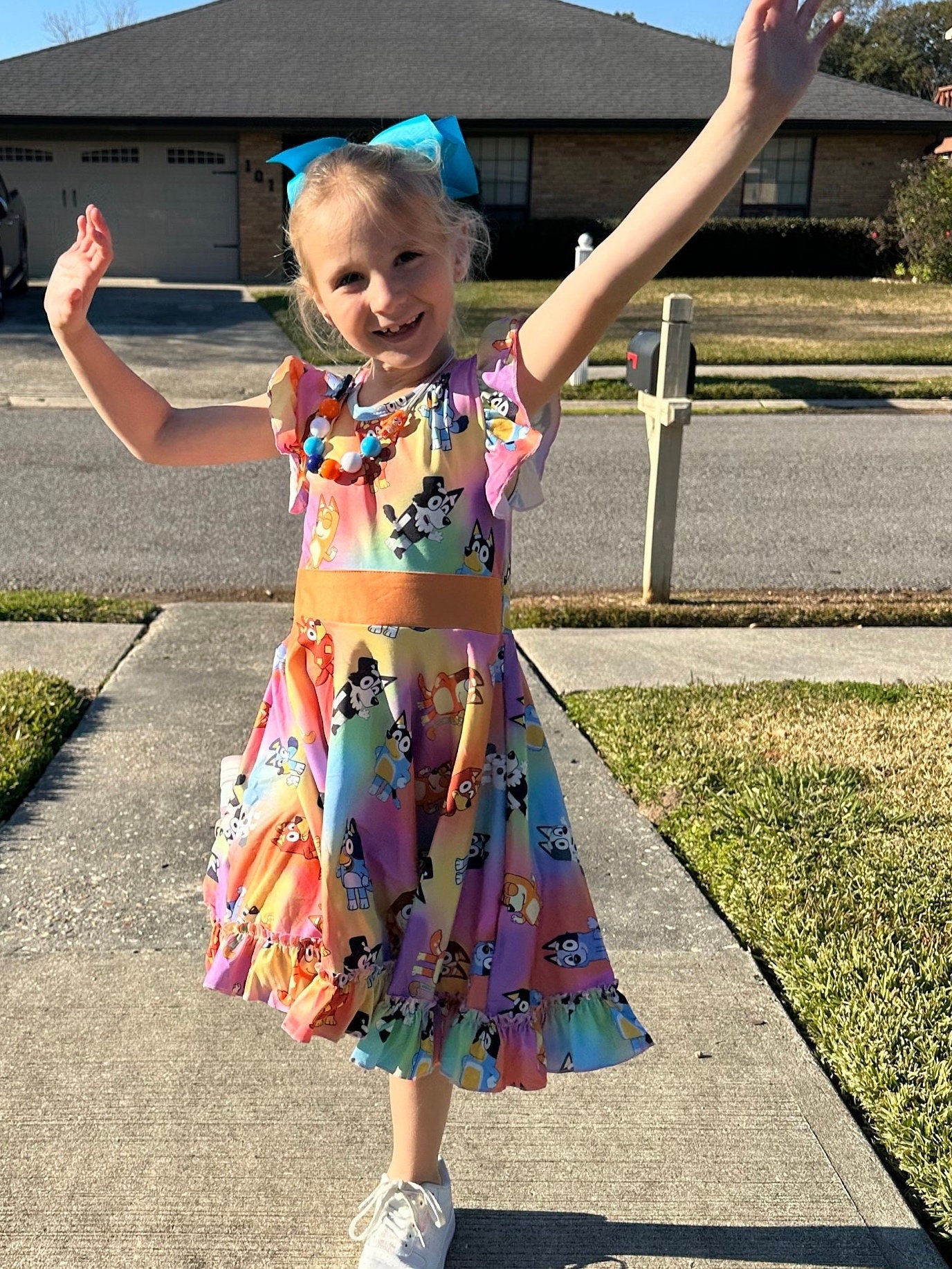 Blue Dog and Friend Bow Back Twirl Dress