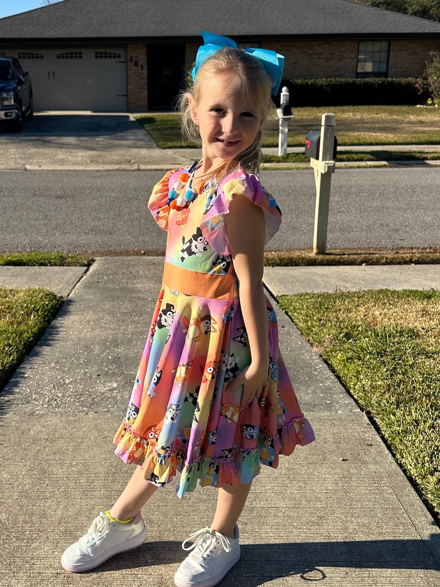 Blue Dog and Friend Bow Back Twirl Dress