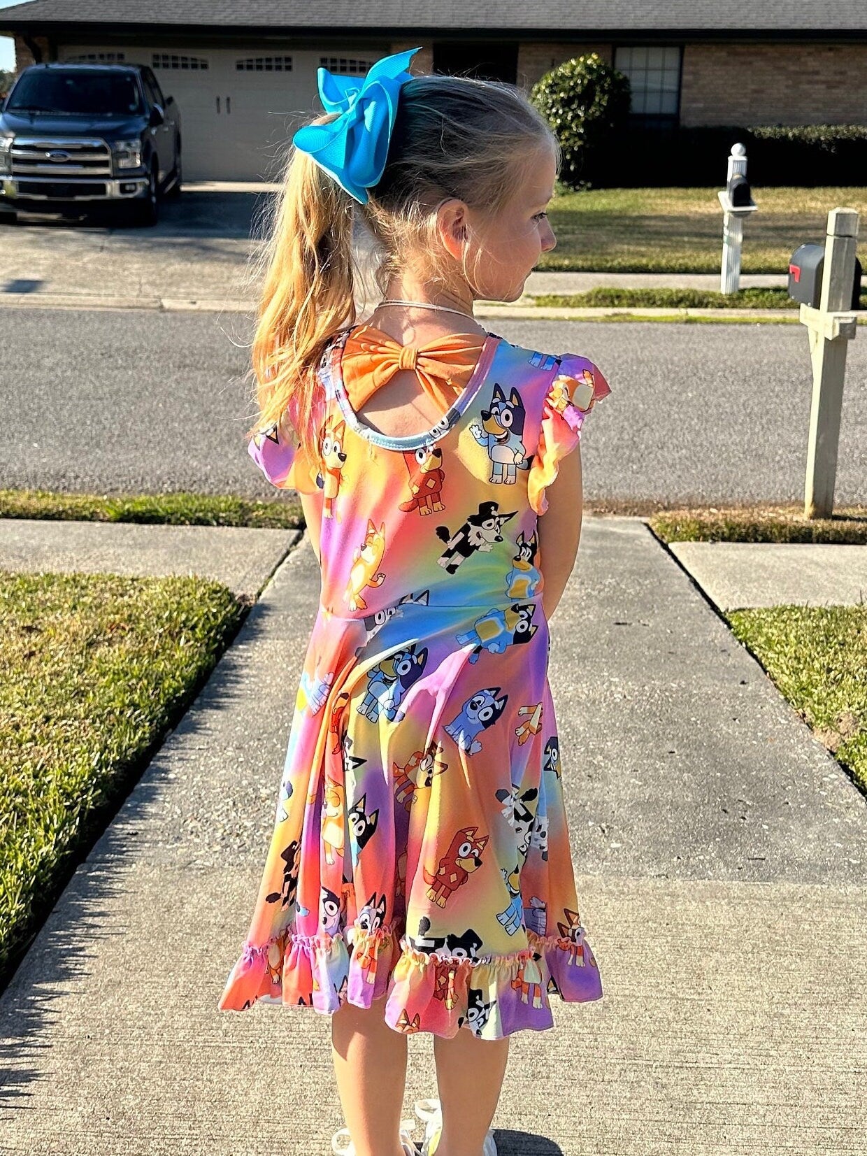 Blue Dog and Friend Bow Back Twirl Dress