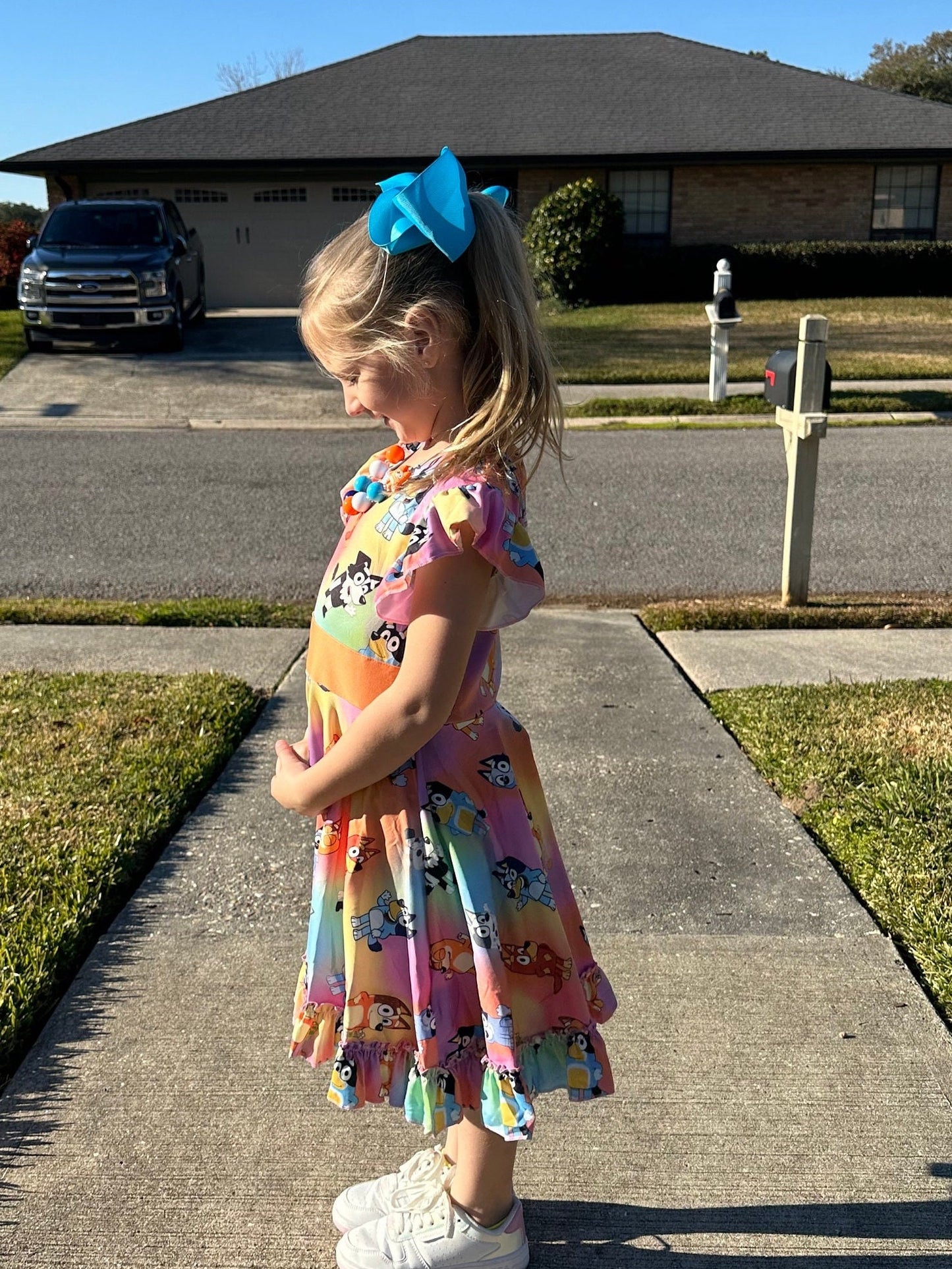 Blue Dog and Friend Bow Back Twirl Dress