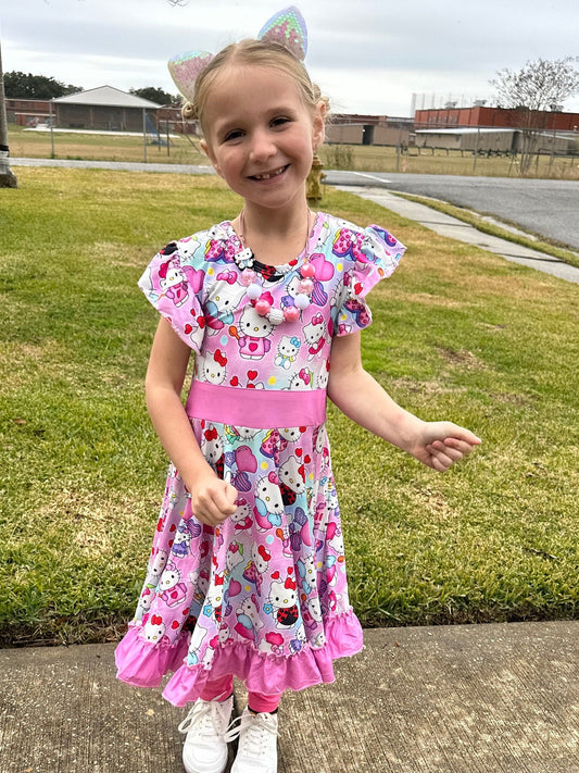Pink Kitty Bow Back Twirl Dress