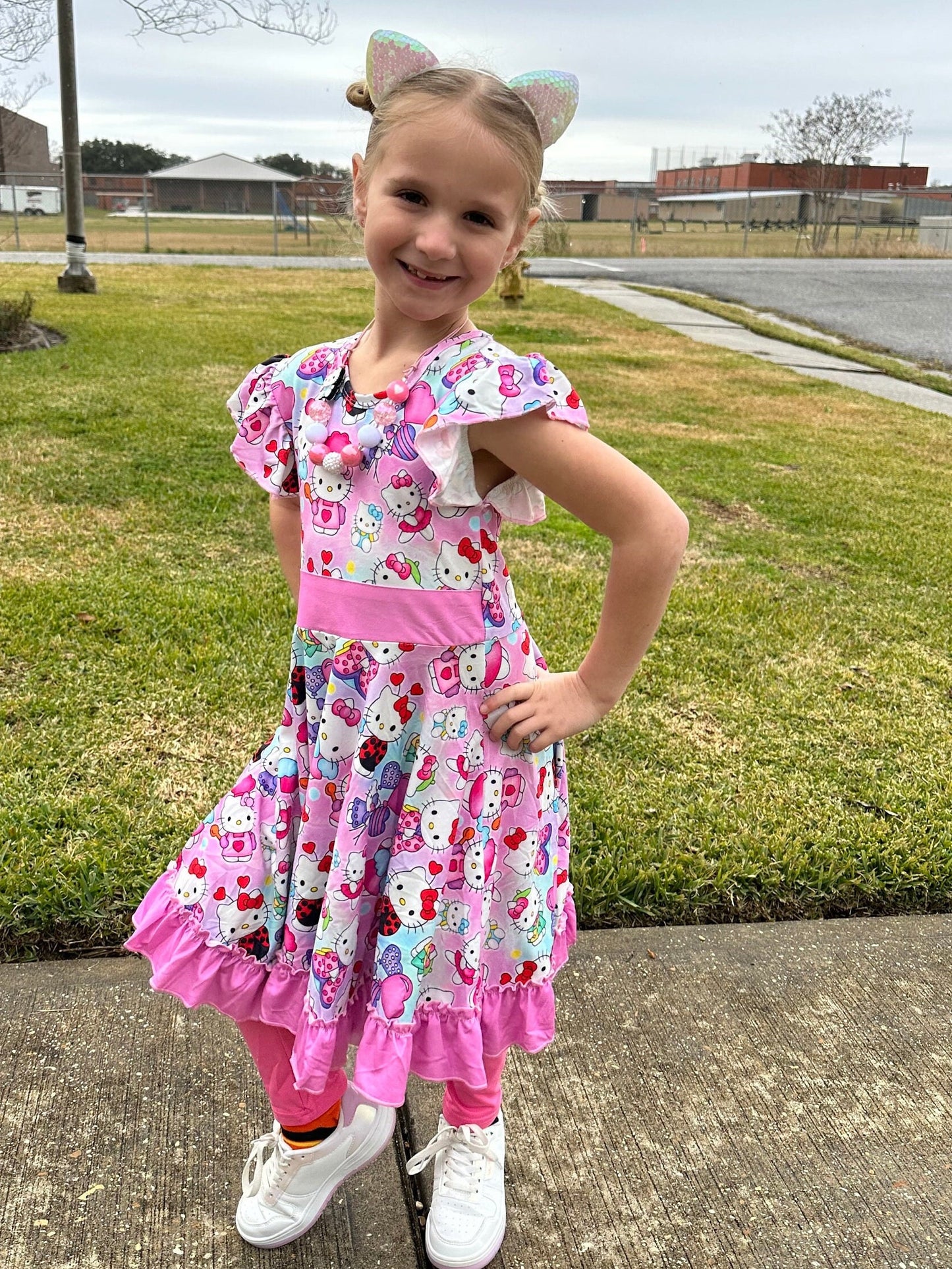 Pink Kitty Bow Back Twirl Dress