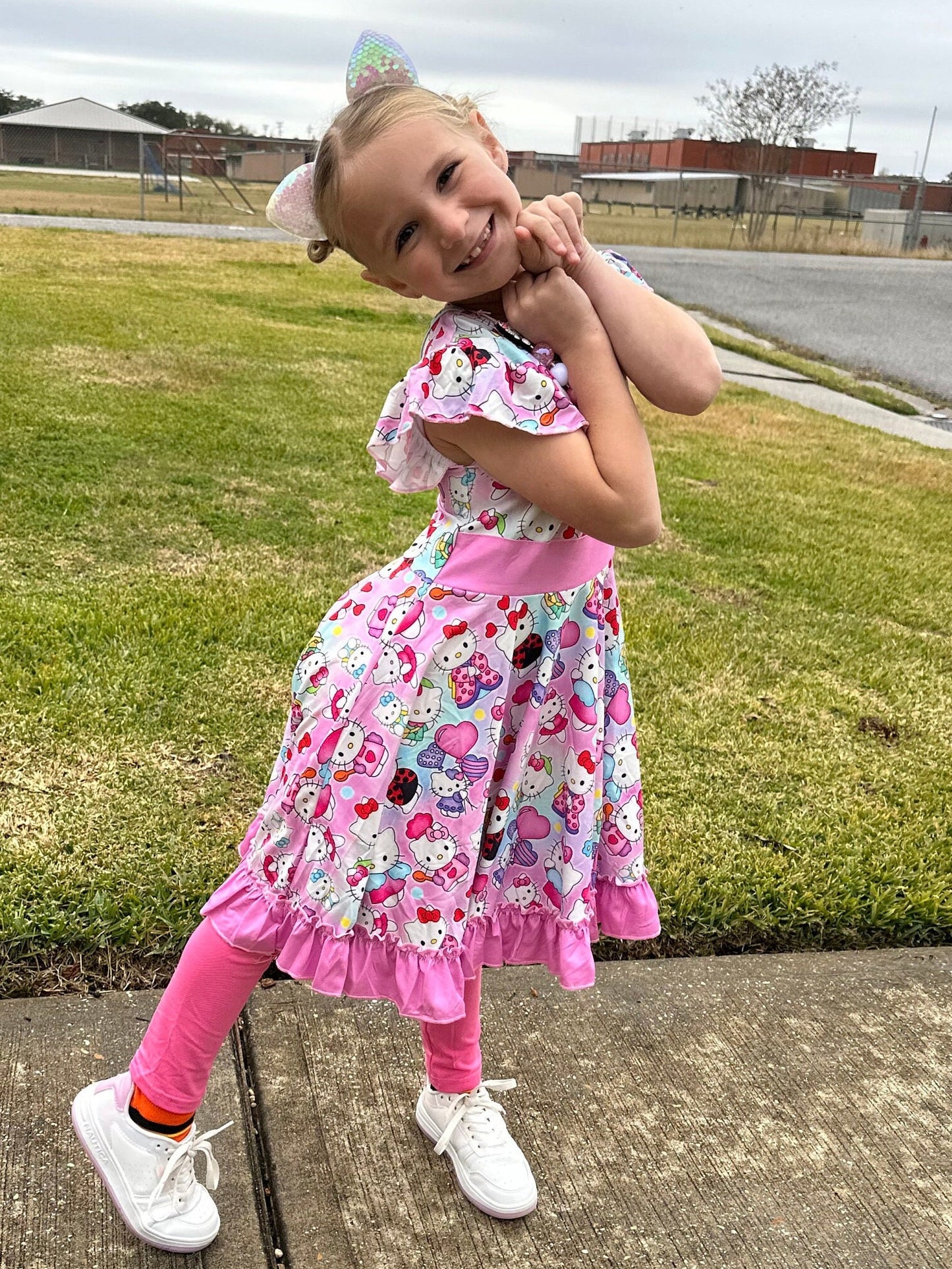 Pink Kitty Bow Back Twirl Dress