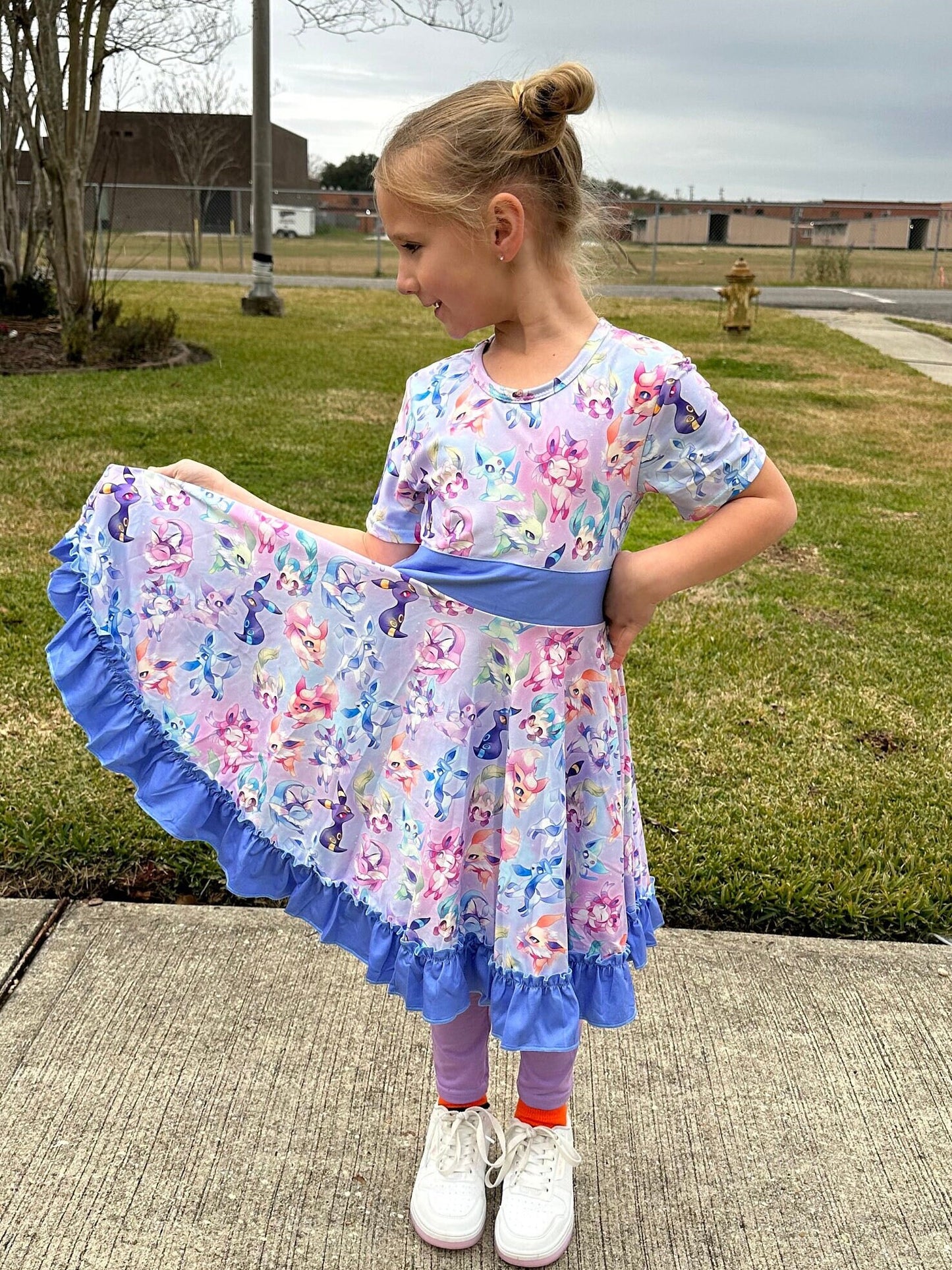 Blue Pocket Characters Twirl Dress
