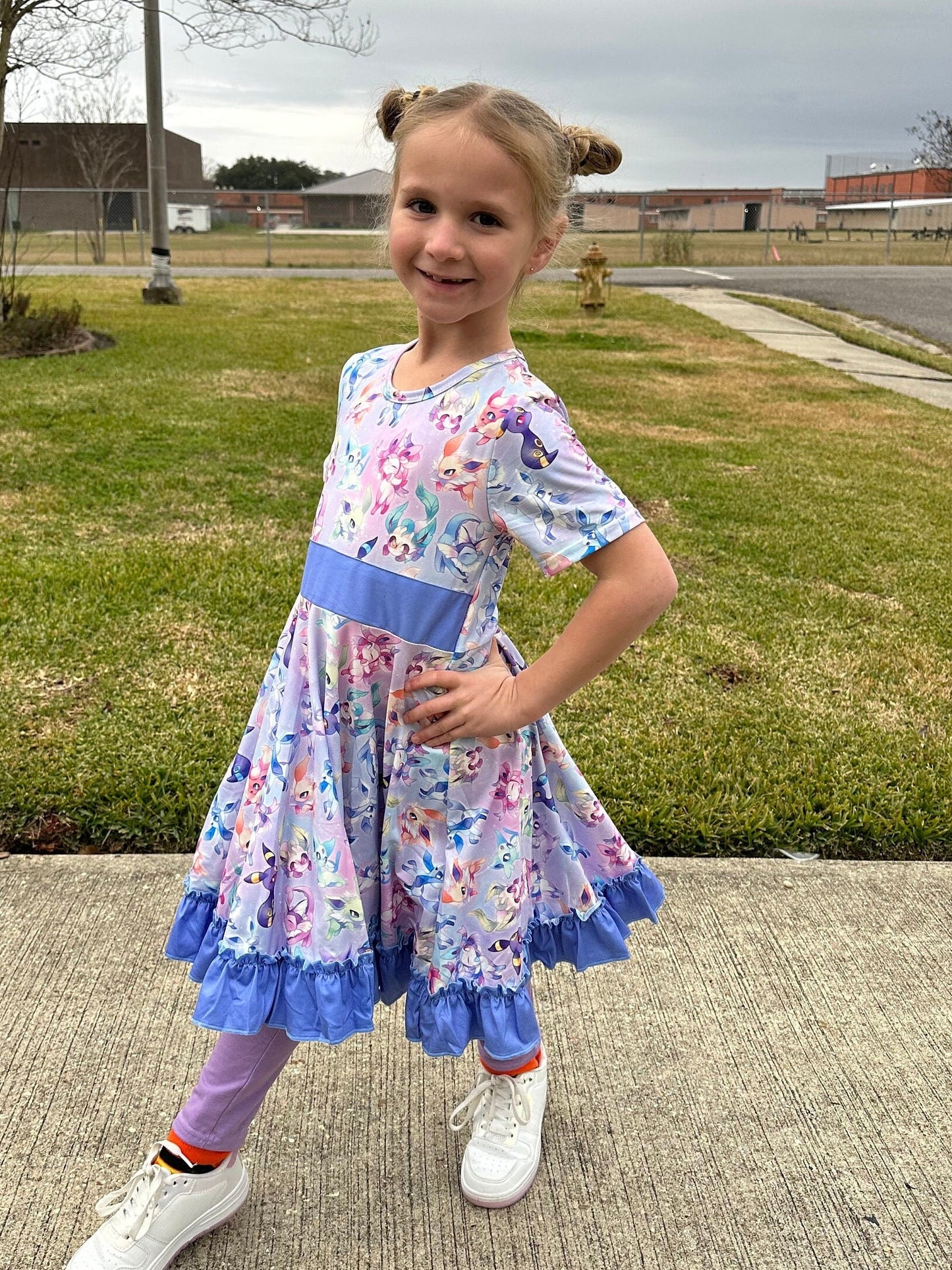 Blue Pocket Characters Twirl Dress