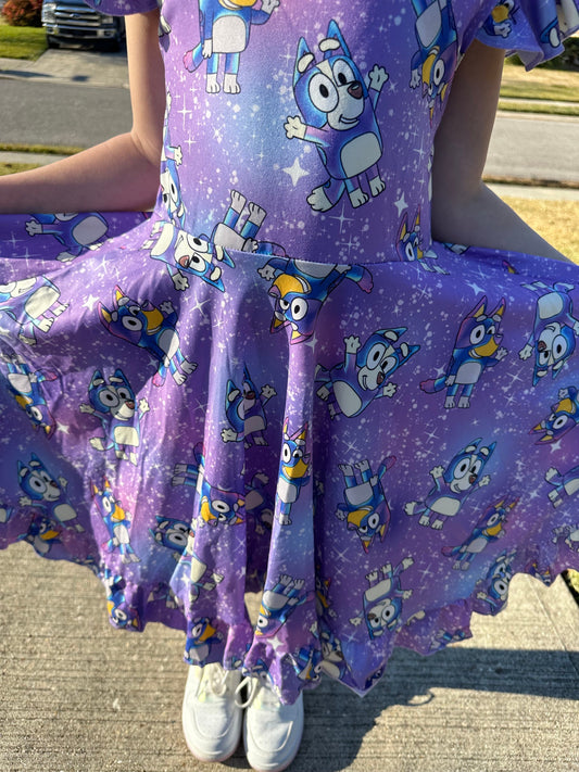 Starry Night Blue Dog Cross Back Twirl Dress