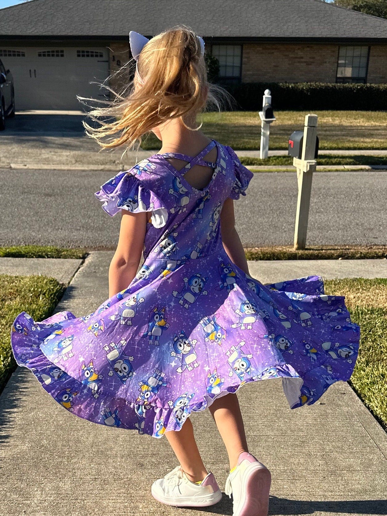 Starry Night Blue Dog Cross Back Twirl Dress