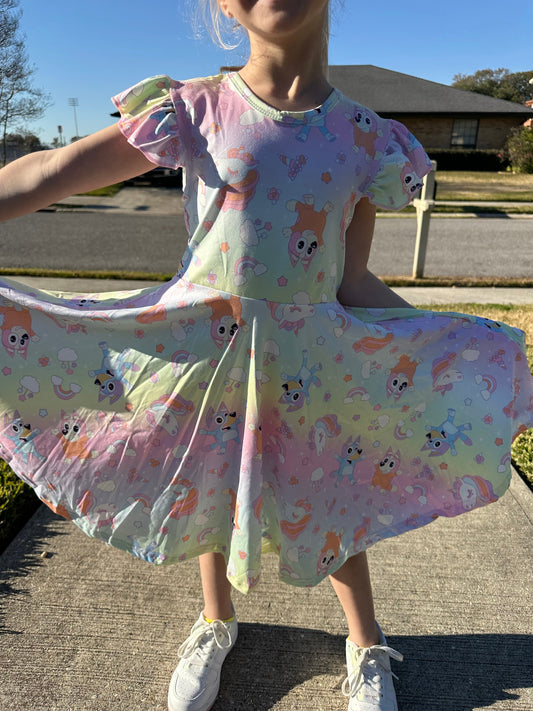 Blue Dog Rainbow Unicorn Twirl Dress