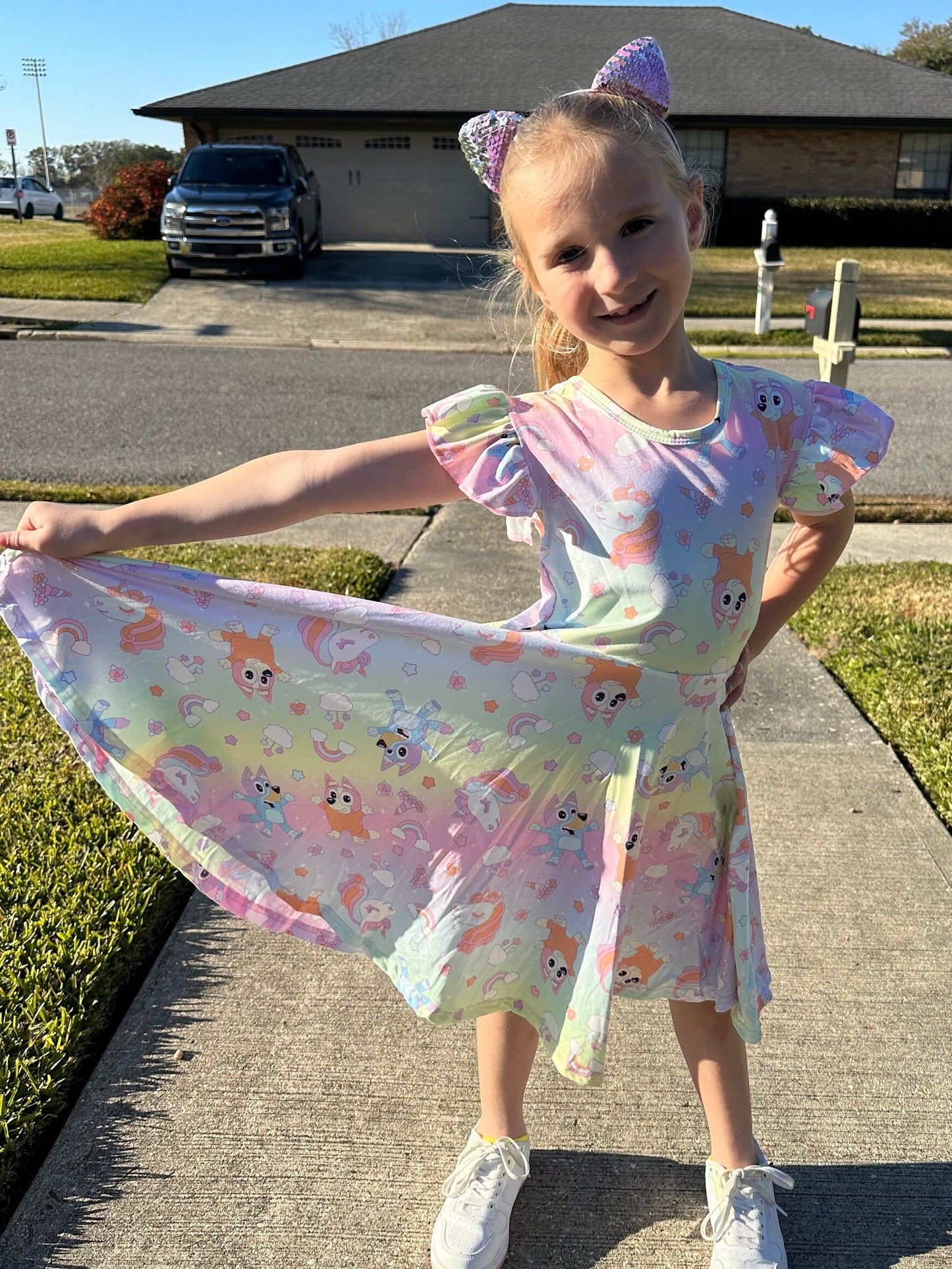 Blue Dog Rainbow Unicorn Twirl Dress