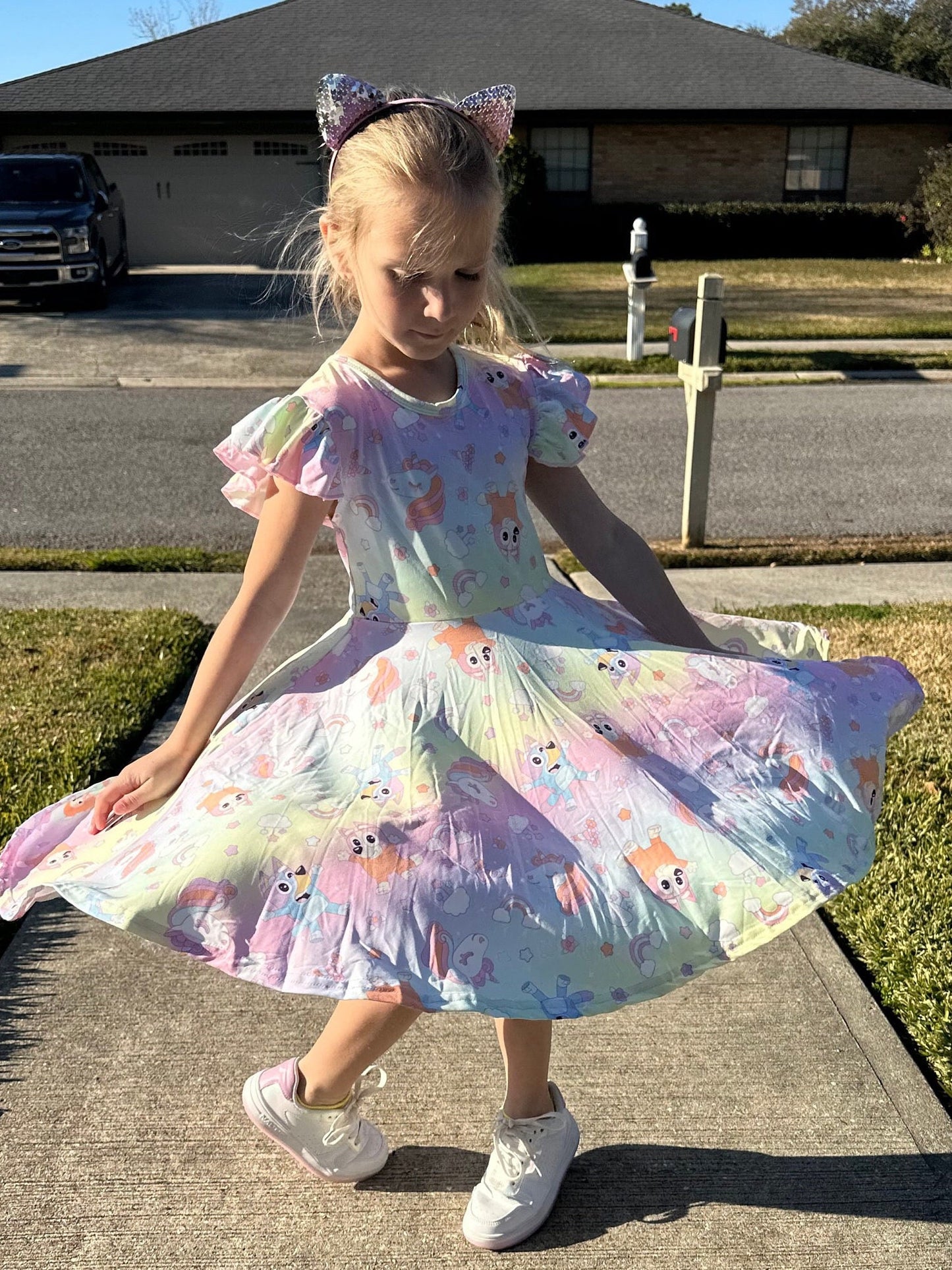 Blue Dog Rainbow Unicorn Twirl Dress