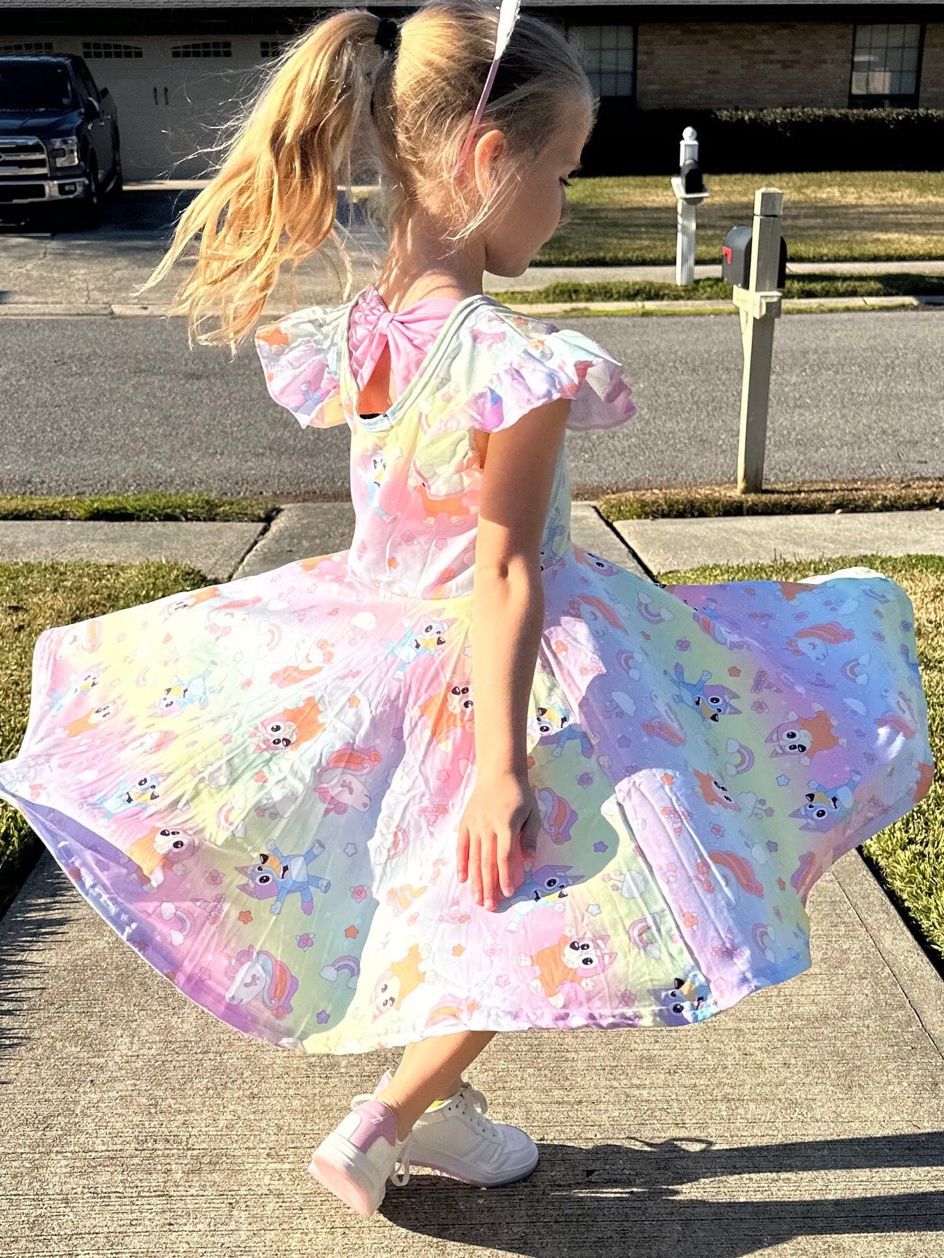 Blue Dog Rainbow Unicorn Twirl Dress
