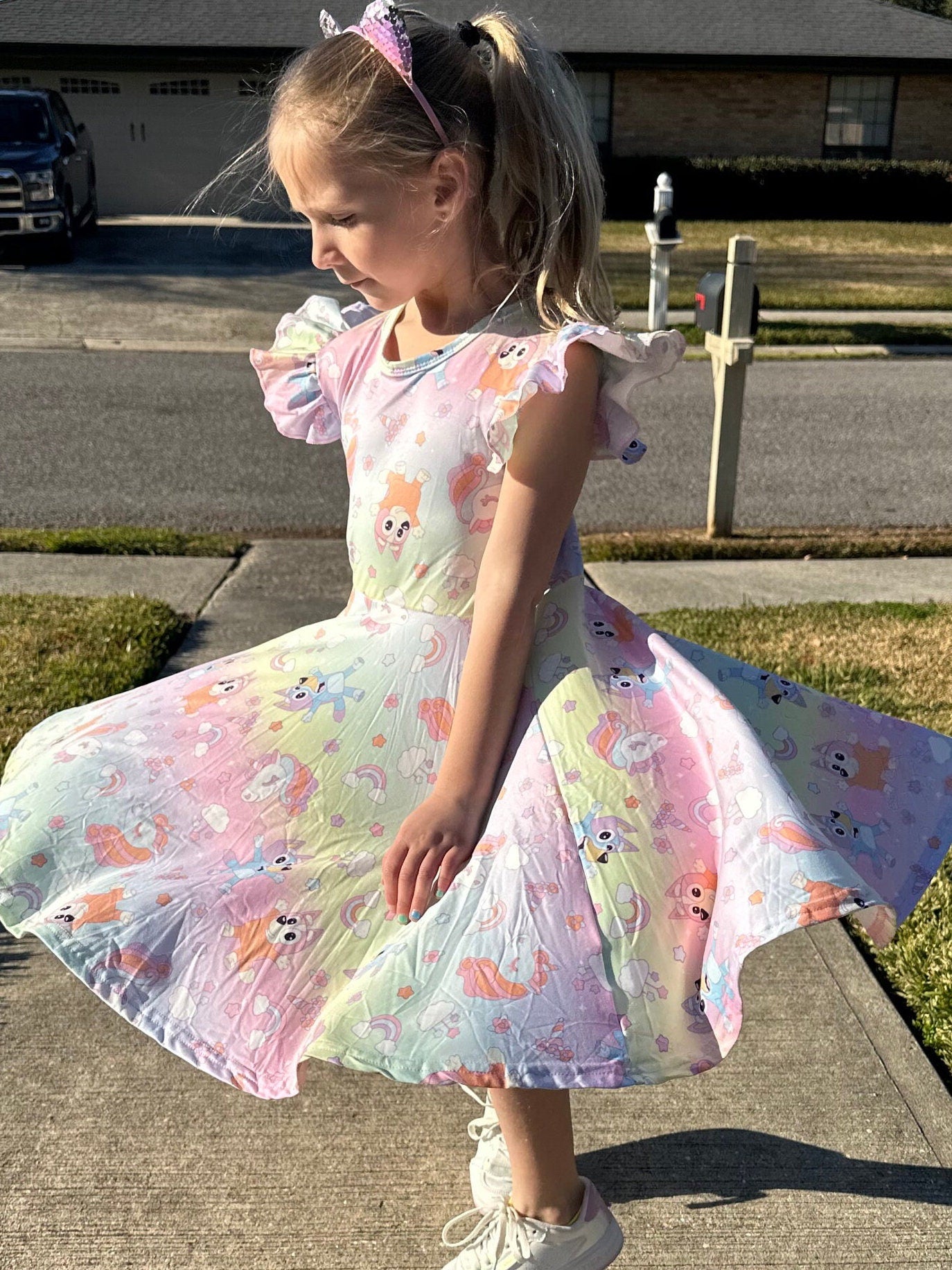 Blue Dog Rainbow Unicorn Twirl Dress
