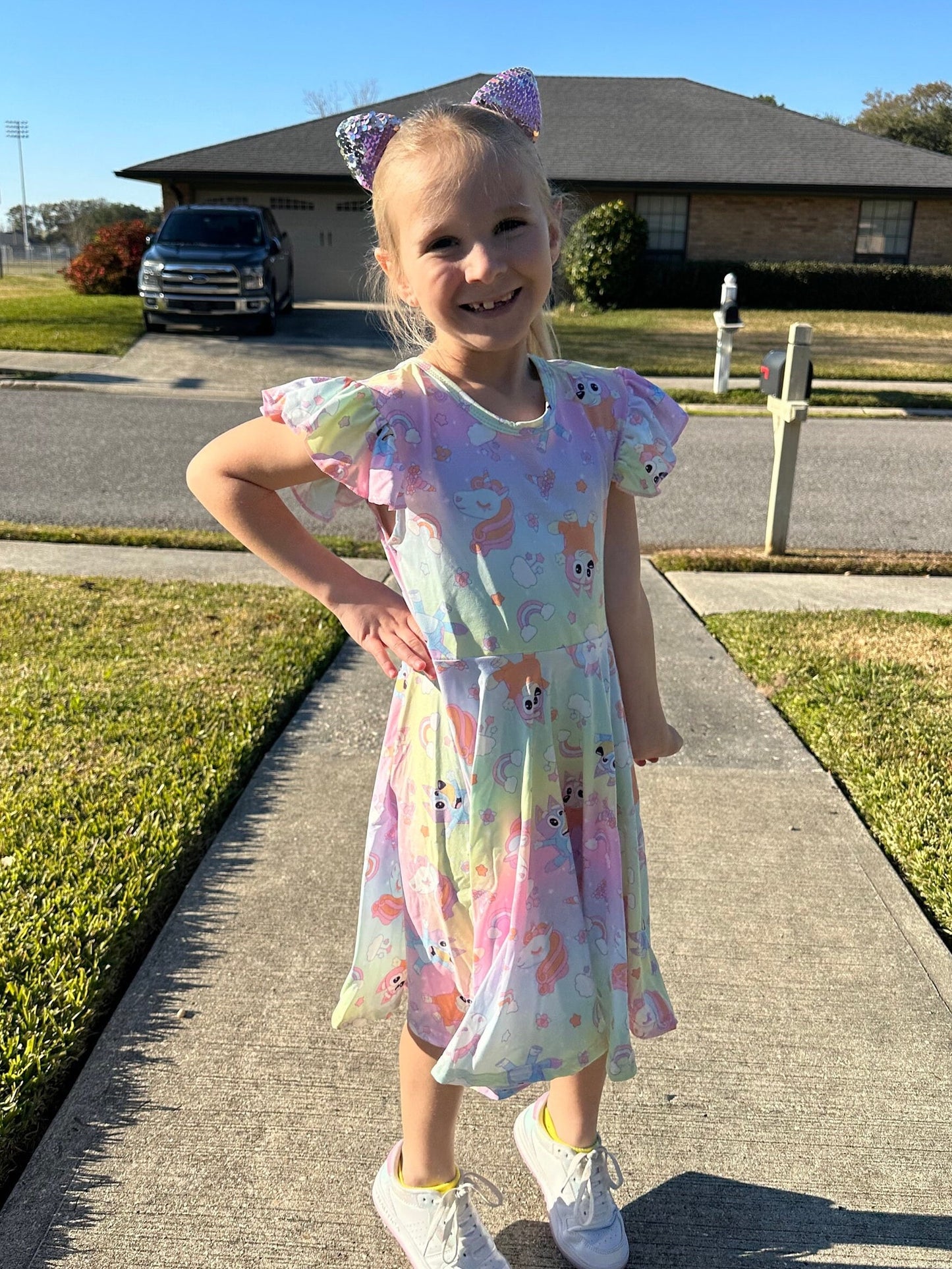 Blue Dog Rainbow Unicorn Twirl Dress