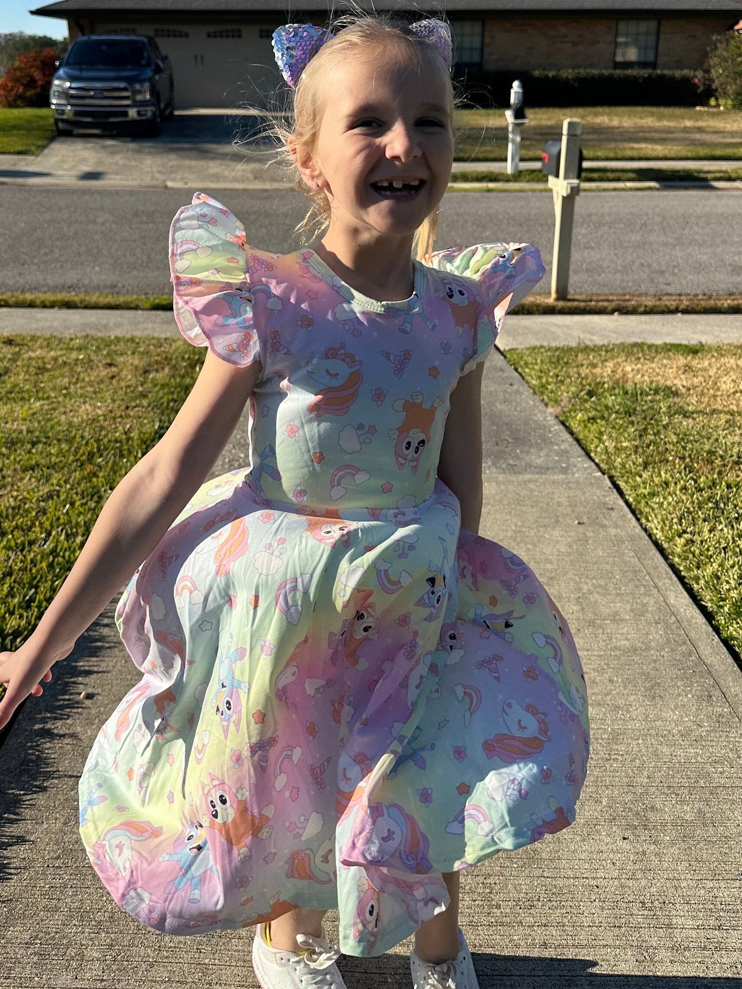 Blue Dog Rainbow Unicorn Twirl Dress