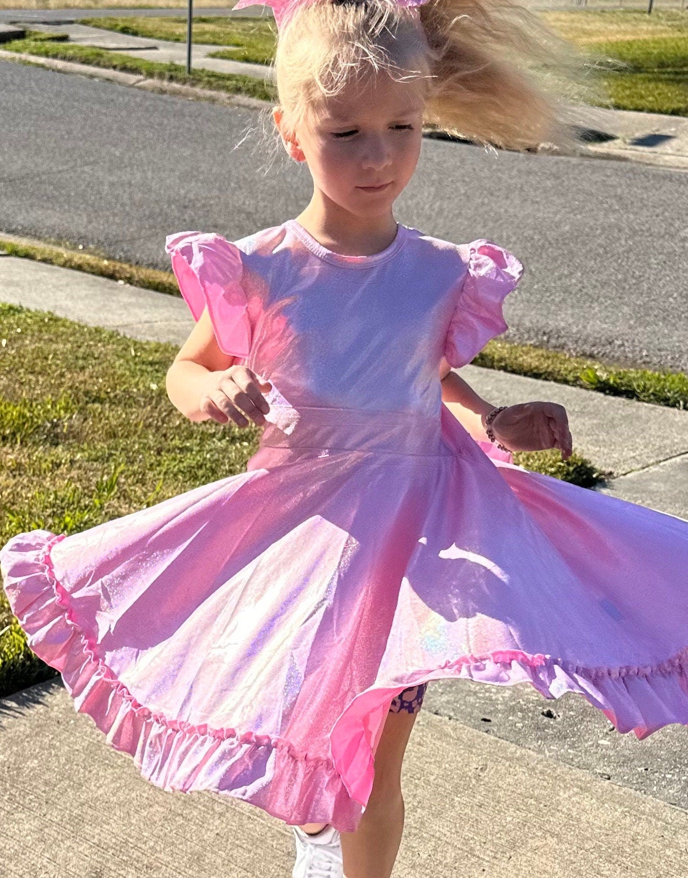 Pink Shimmer Bow Back Twirl Dress