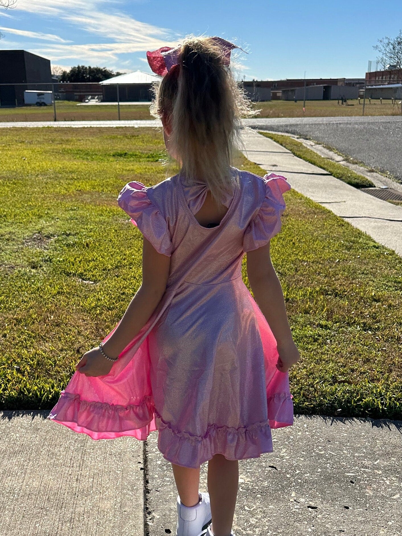 Pink Shimmer Bow Back Twirl Dress