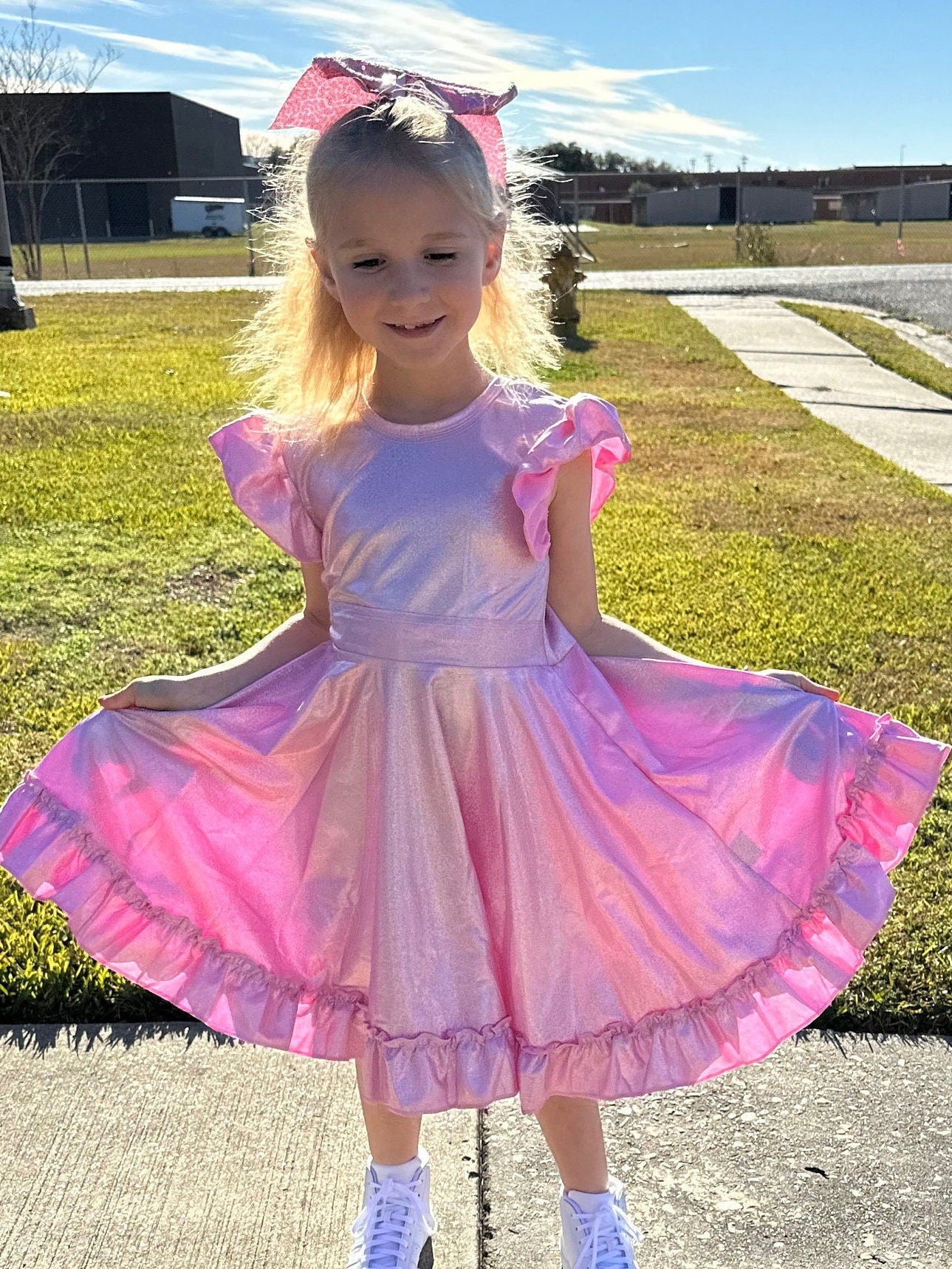 Pink Shimmer Bow Back Twirl Dress