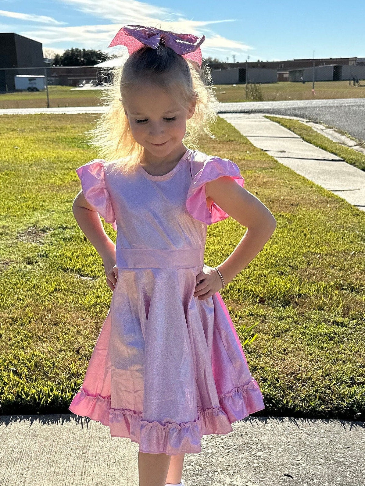 Pink Shimmer Bow Back Twirl Dress
